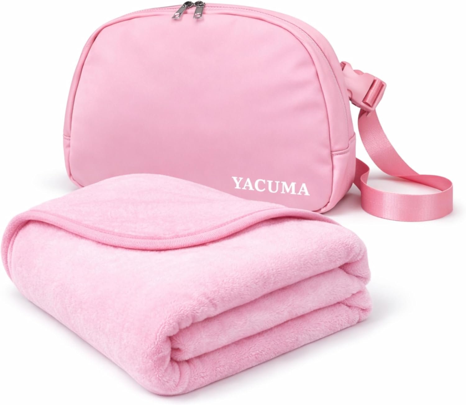 Travel Blanket Airplane Compact with Bag, Soft 40″ x 60″ Blanket with Luggage Strap & Underseat Personal Item Organizer for Flights, Home & Office, Pink