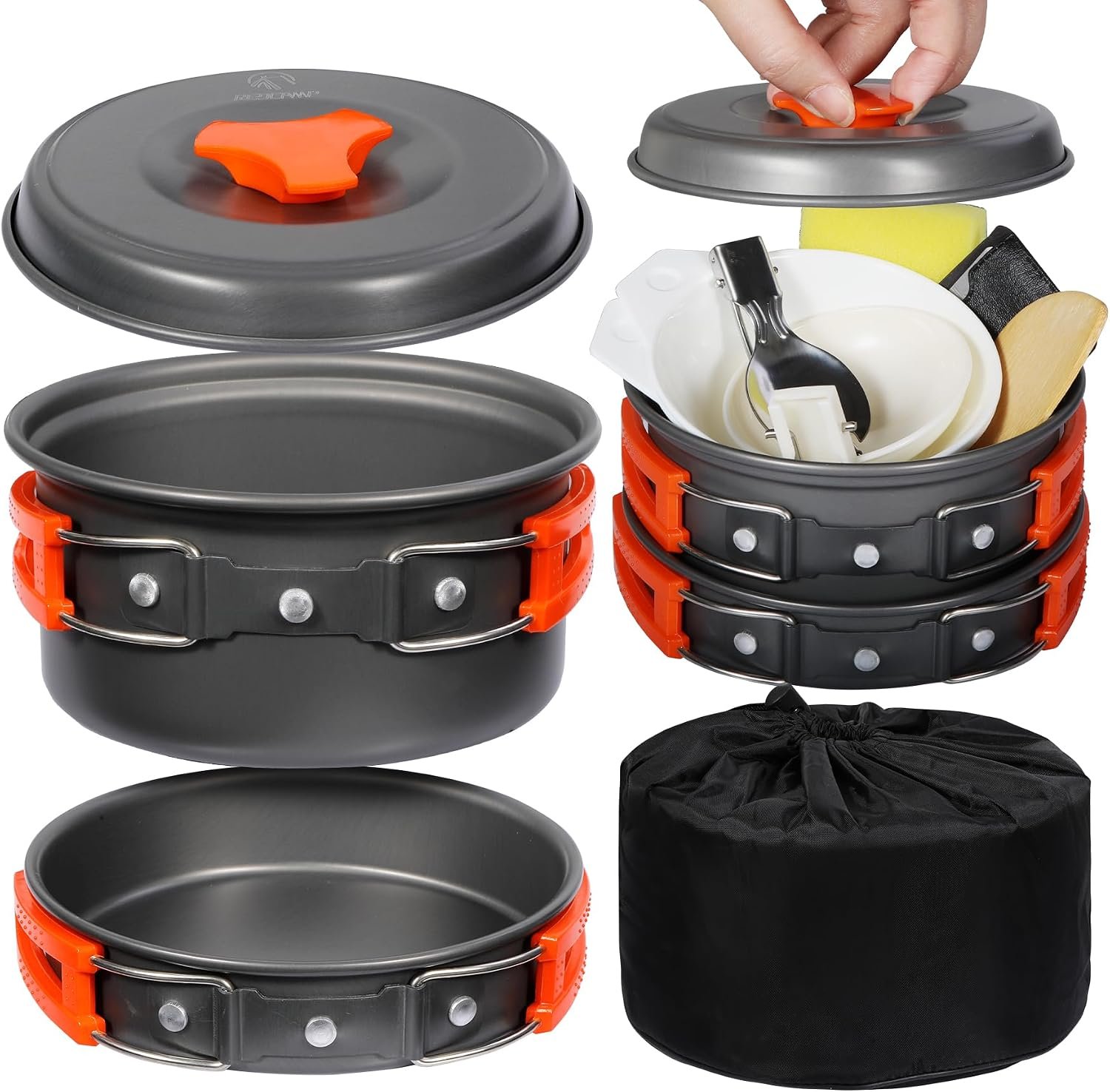 REDCAMP 6/10/11/12/14/15/19 PCS Camping Cookware Mess Kit Camping Gear Campfire Utensils Lightweight Stackable Pot Pan Bowls Soup Spoon with Storage Bag for Camping, Backpacking, Outdoor Cooking
