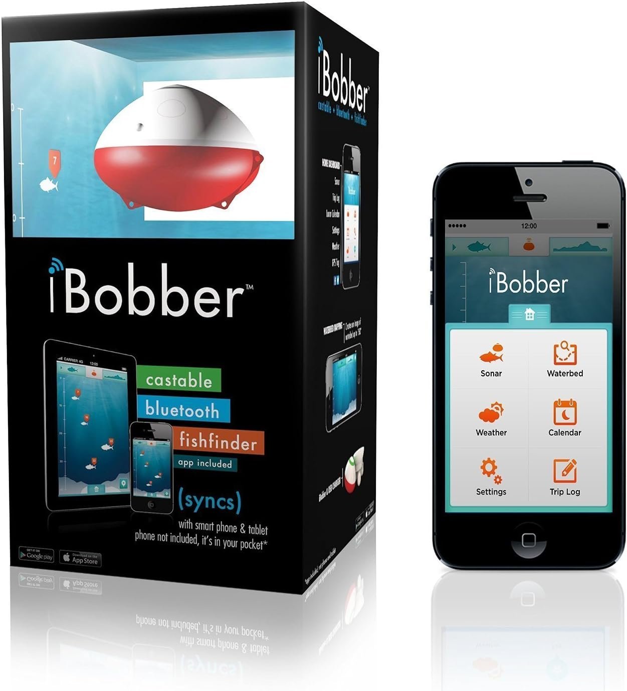 Reelsonar iBobber portable wireless bluetooth fish finder depth finder with depth range of 135 feet 10+ hrs battery life with IOS & Android App Wireless and Watch App