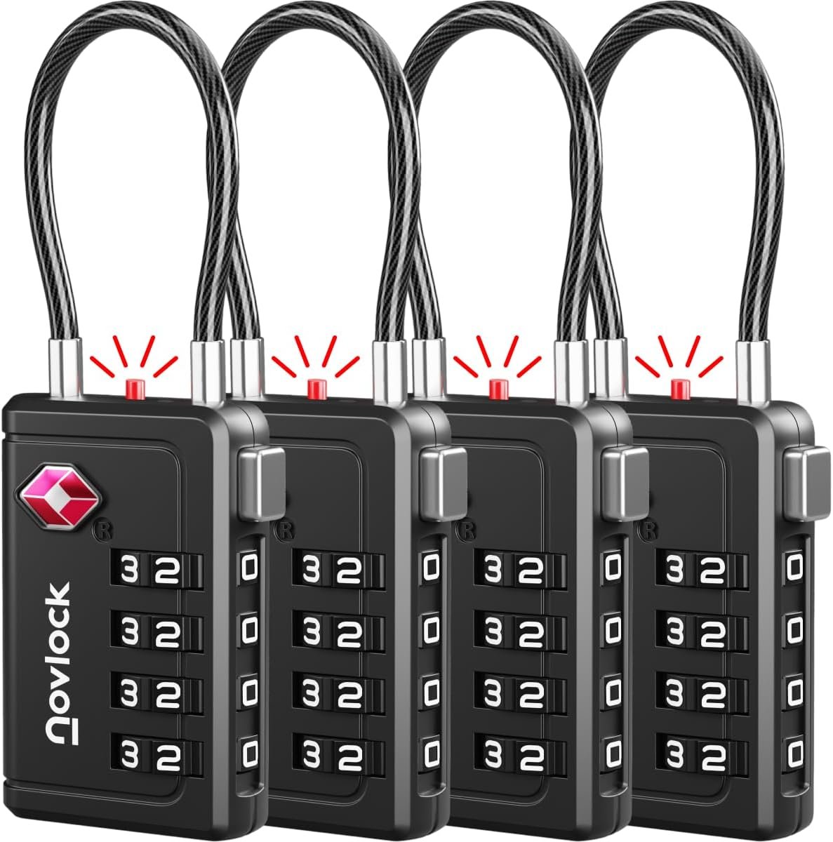 Luggage Locks TSA Approved with Inspection Indicator and Resettable 4-Digit, Easy-to-Read Combination, TSA Locks for Luggage, Suitcases, Backpacks & Travel Bags, Black, 4-Pack