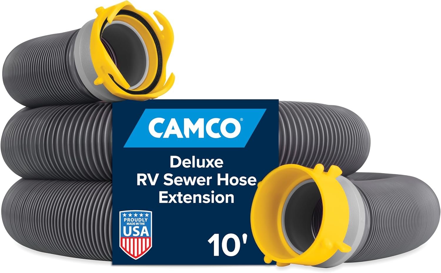 Camco Deluxe 10′ RV Sewer Hose Extension – Heavy Duty Design with Swivel Fittings – Easy to Use and Compresses for Simple Organization – Storage Caps Included – 39665