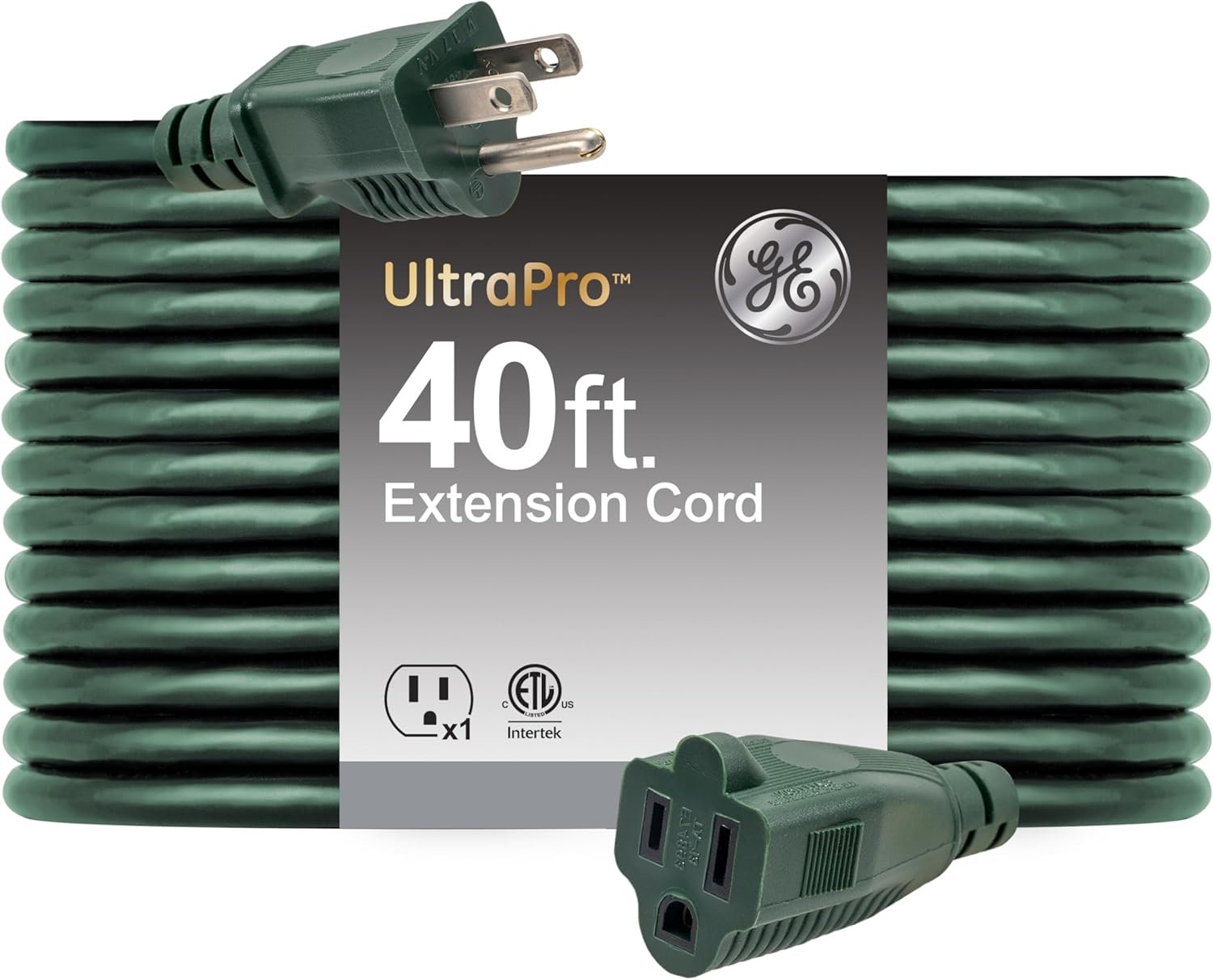 GE Outdoor Extension Cord, 40 Ft, Grounded Heavy Duty Extension Cord, 16AWG 3 Prong Outdoor, Extension Cord, ETL Listed, Green, 81601