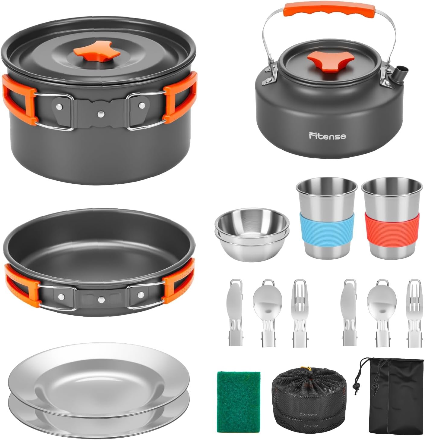 Fitense 21Pcs Camping Cookware Mess Kit for 2, Lightweight Camping Kitchen Pots and Pans Set, Portable Cooking Essentials for Backpacking, Hiking and Picnic