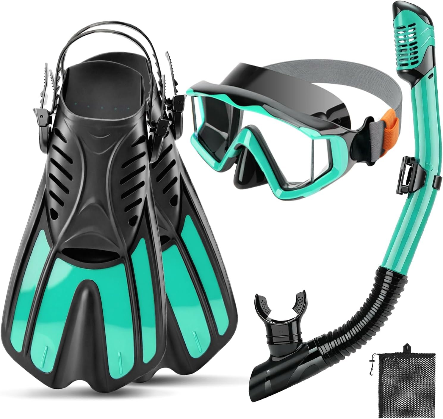3 Window Snorkeling Gear for Kids Adults, 4 in 1 Snorkel Mask Fins Set with Snorkel Mask, Dry Top Snorkel, Adjustable Short Fins and Mesh Bag, Anti-Leak & Anti-Fog Snorkel Gear for Snorkeling