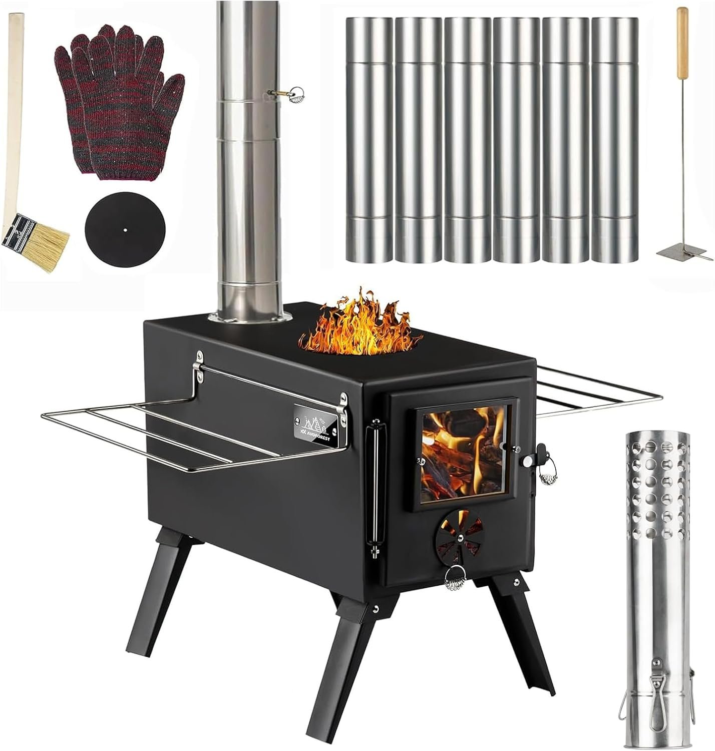 Hot Tent Stove,AVOFOREST Wood Burning Stove,Small Wood Stove with 7 Stainless Chimney Pipes for Outdoor Heating & Cooking, Ice Fishing, Hunting