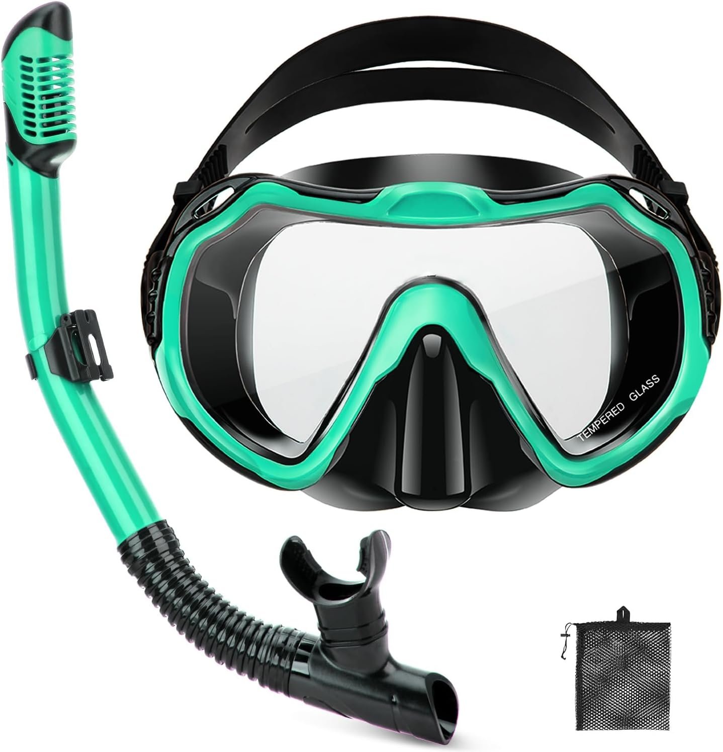 Snorkeling Gear for Adults, Adult Snorkel Set with Panoramic Anti-Leak and Anti-Fog Tempered Glass Snorkel Mask, Dry Top Snorkel, Snorkle Mask Set Adult with Mesh Bag Ear Plug for Snorkeling