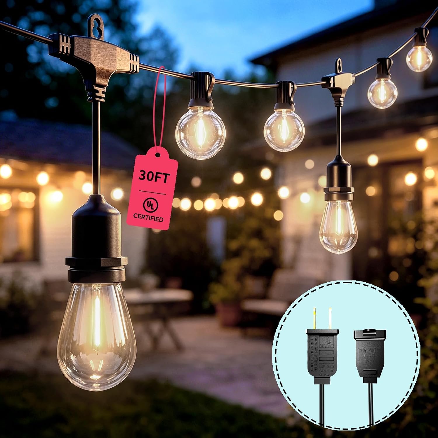 30FT LED Outdoor String Lights, Outside Patio Lights Waterproof with 14 S14 G40 Shattproof Bulbs for Indoor and Outdoor, Connectable Hanging Light for Backyard, Bistro, Porch, Cafe, Deck, Garden