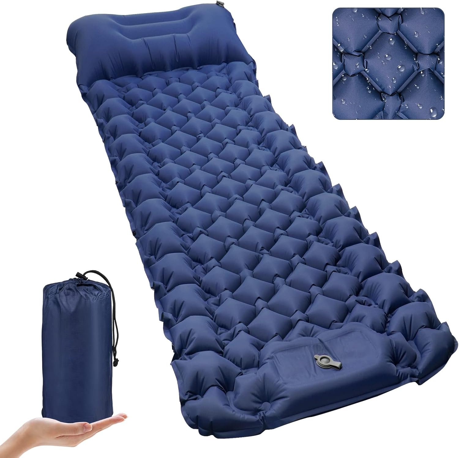 Sleeping Pad, Ultralight 40D Nylon Camping Mat Built-in Pump – Blue | Self-inflating, Built-in Pillow, Durable, Waterproof, for Tent, Backpacking, Hiking, Includes Carry Bag