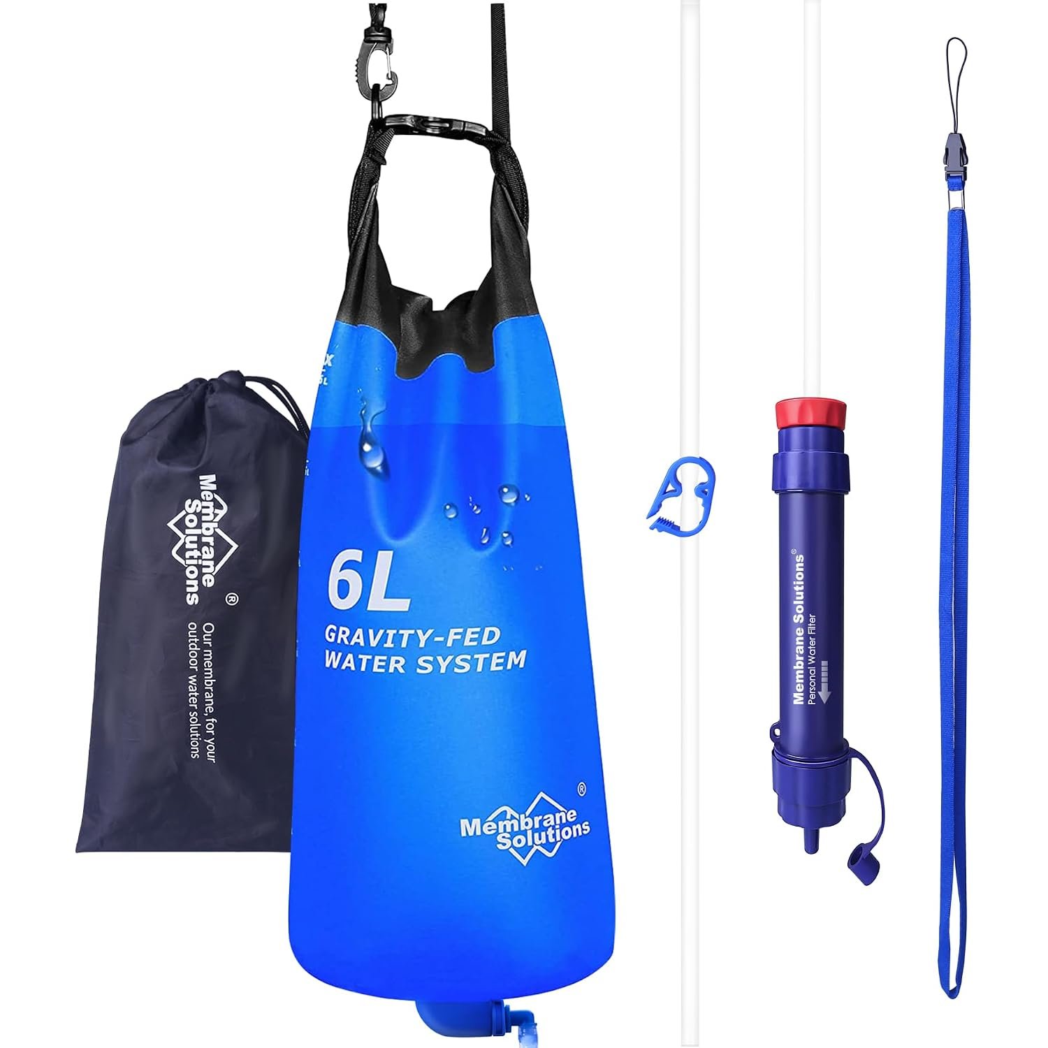Membrane Solutions Gravity Water Filter Pro 6L, NSF/ANSI 42&372&401 Certified, 0.1 μm Versatile Water Purifier Camping with Adjustable Tree Strap Storage Bag, Survival Gear for Emergency Preparedness | NSF/ANSI 42, 372 & 401 certified; 0.1-micron 4-stage filter reduces chlorine, sediment, and odor for outdoor water