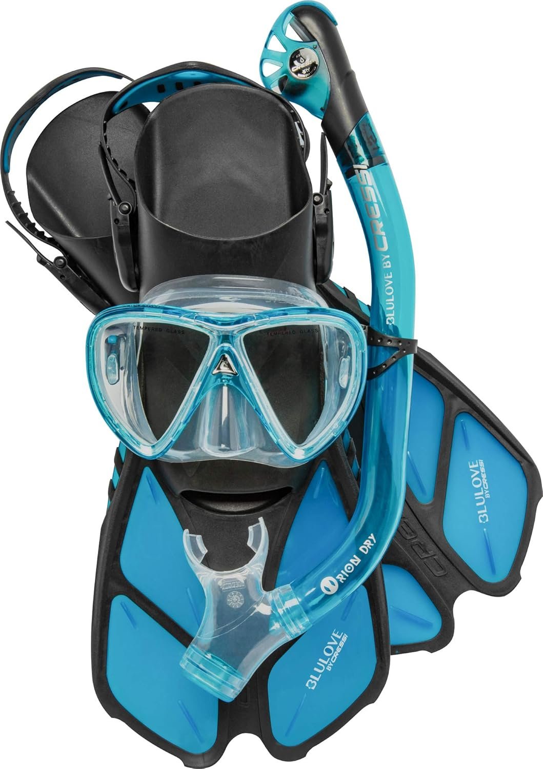 Cressi Adult Snorkel Set (Mask, Dry Snorkel, Adjustable Fins) – Light for Travel – Ocean Set: Designed in Italy