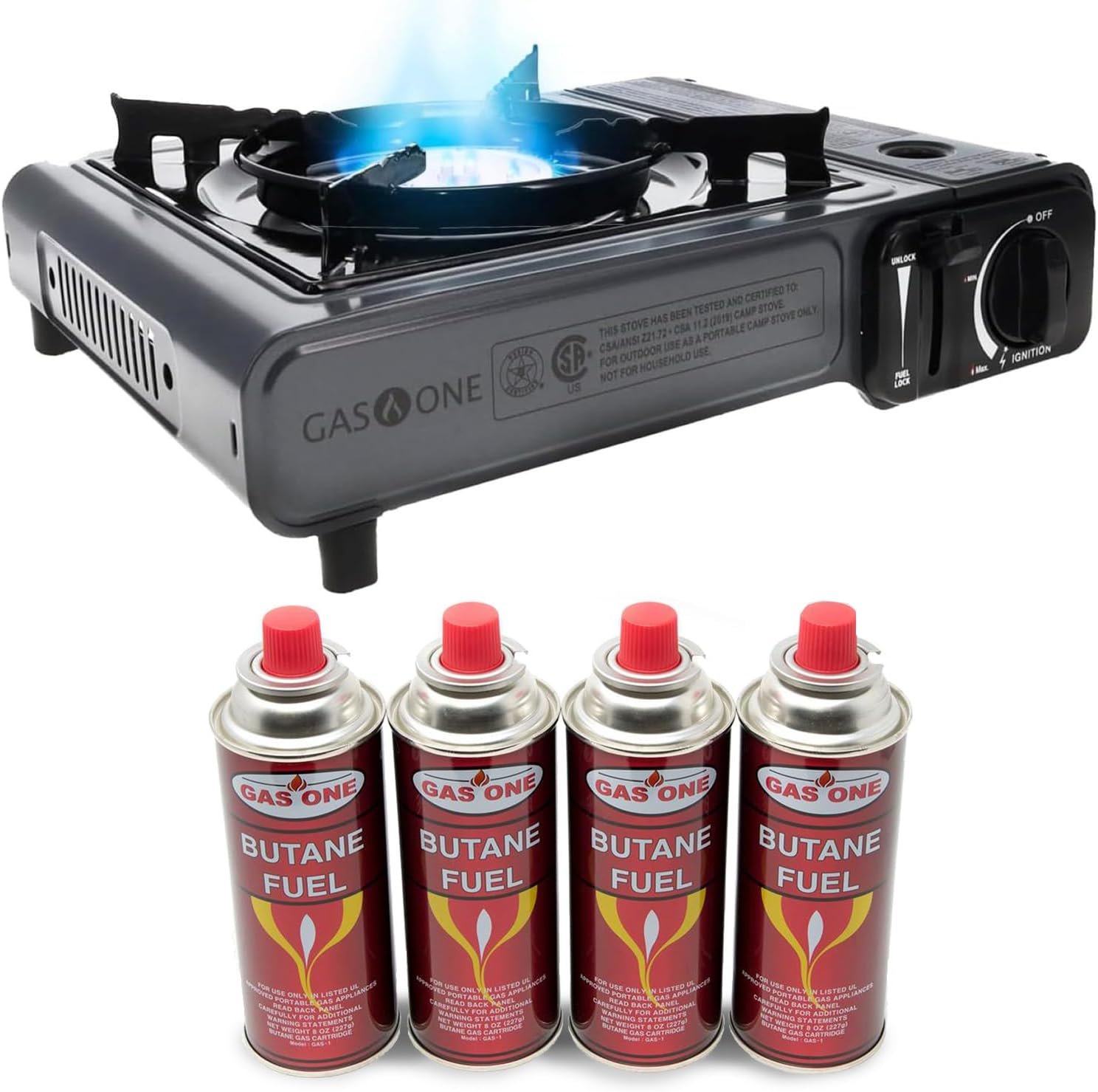 GasOne Portable Butane Camping Stove with Case + 4 Fuel Canister Catridge: Automatic Ignition, Precise Heat Control – Camping & Tailgating and Outdoor Cooking