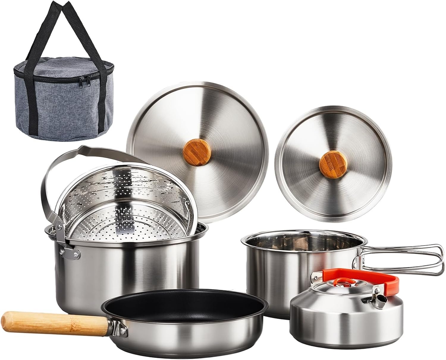 ROVSUN 6pcs Cookware Set, 304 Stainless Steel Lightweight Non-Stick Pot, Kettle and Spin with Travel Tote Bag for Open Fire, Camping, Outdoor Cooking for 4-6