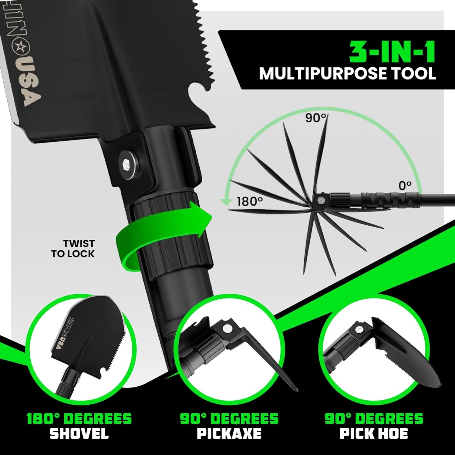 Rhino USA Survival Shovel w/Pick – Heavy Duty Carbon Steel Military Style Entrenching Tool for Off Road, Camping, Gardening, Beach, Digging Dirt, Sand, Mud & Snow. (Survival Shovel)