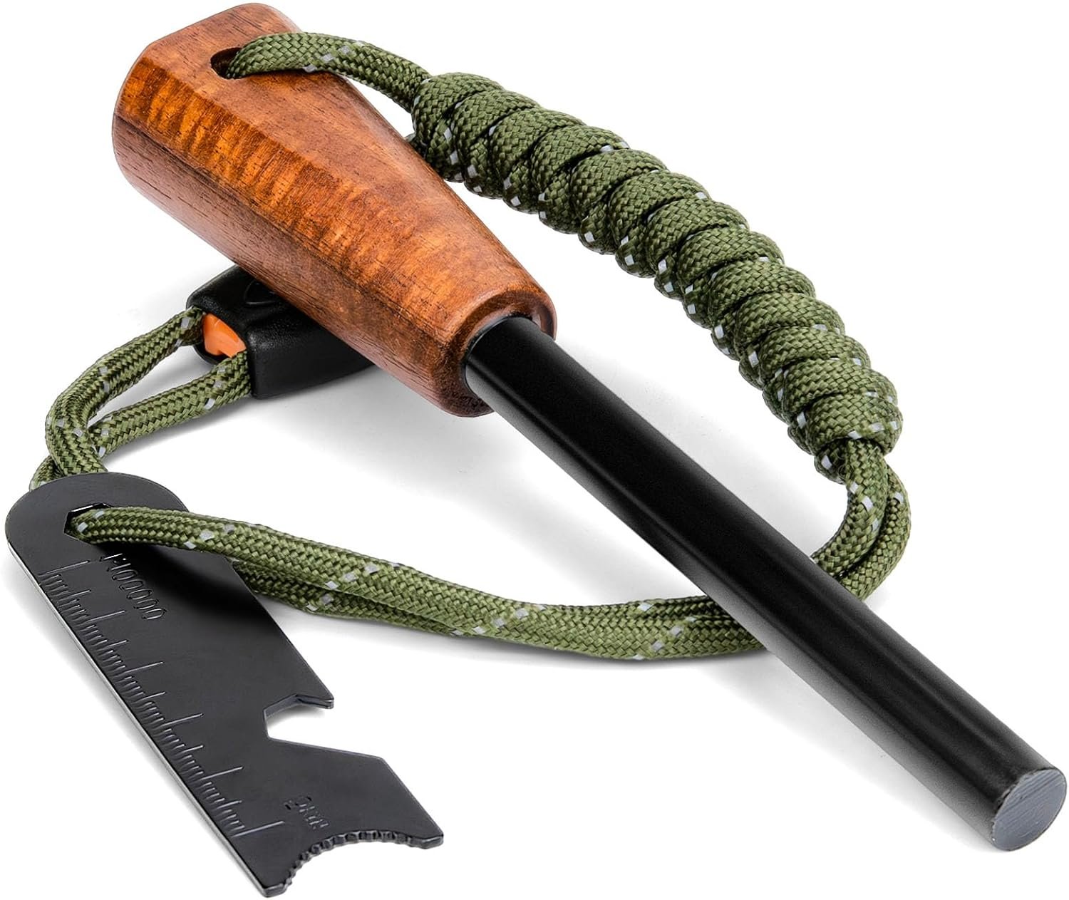 Fire Starter Survival Tool – Handmade Wooden Handle 3/8″” Thick Ferro Rod with Striker and Umbrella Rope Waterproof Iron Rod Flint and Steel Fire Starter Kit, Black