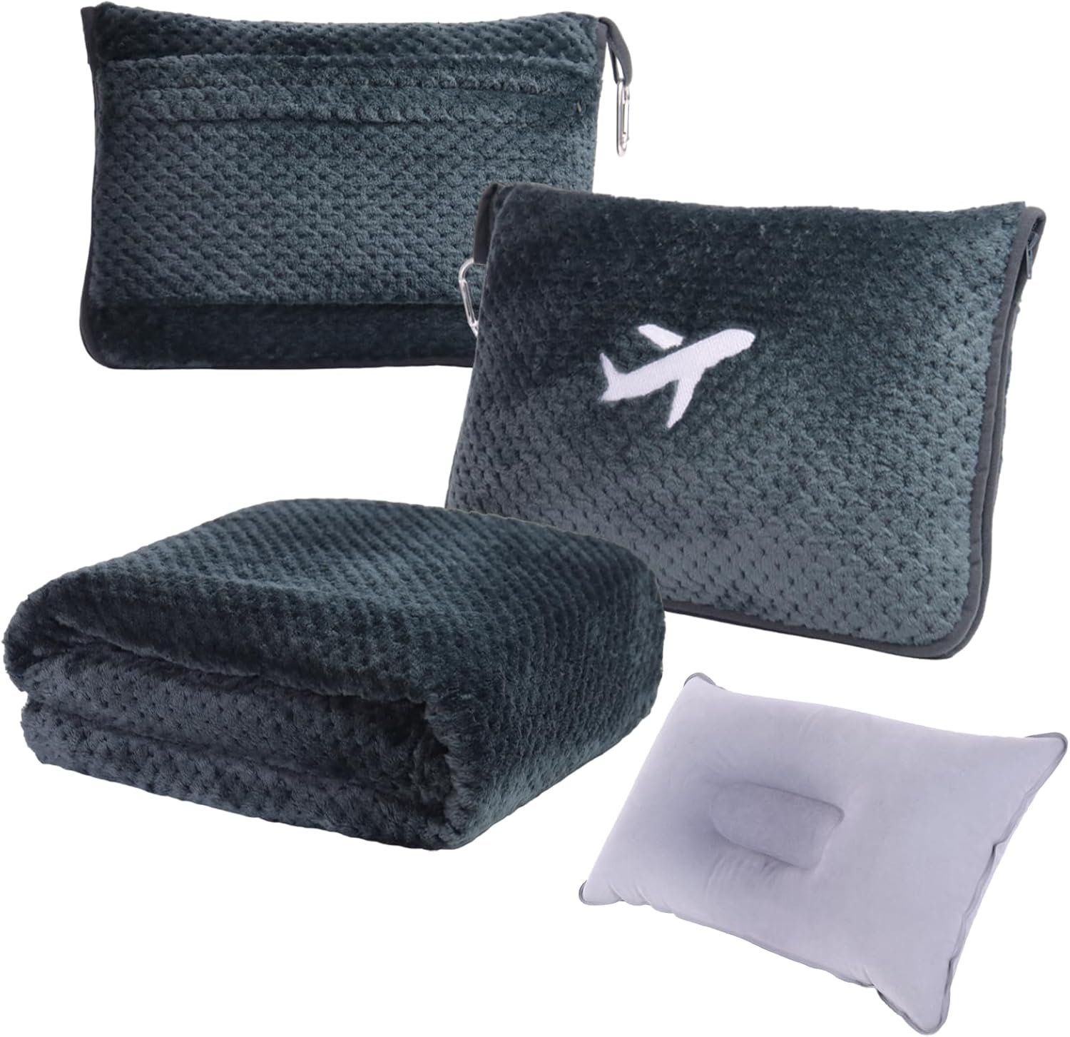 3 in 1 Travel Blanket Pillow Set – 350 GSM Thick Travel Blanket Airplane Compact with Bag, Soft Bag with a Pocket, Inflatable Travel Pillow for Camping & Car Trip (Dark Grey)