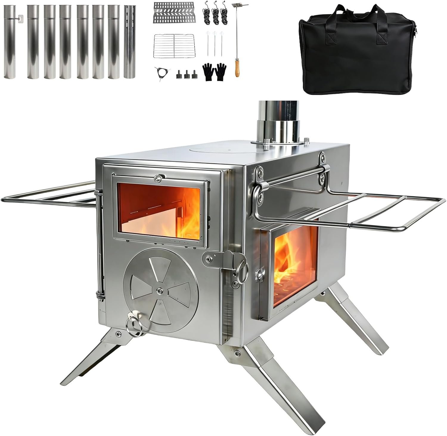 Portable Hot Tent Wood Stove, 304 Stainless Steel Camping Tent Stove for Heating & Cooking, Foldable Legs, Spark Arrestor, Glass Window, Winter Camping & Ice Fishing