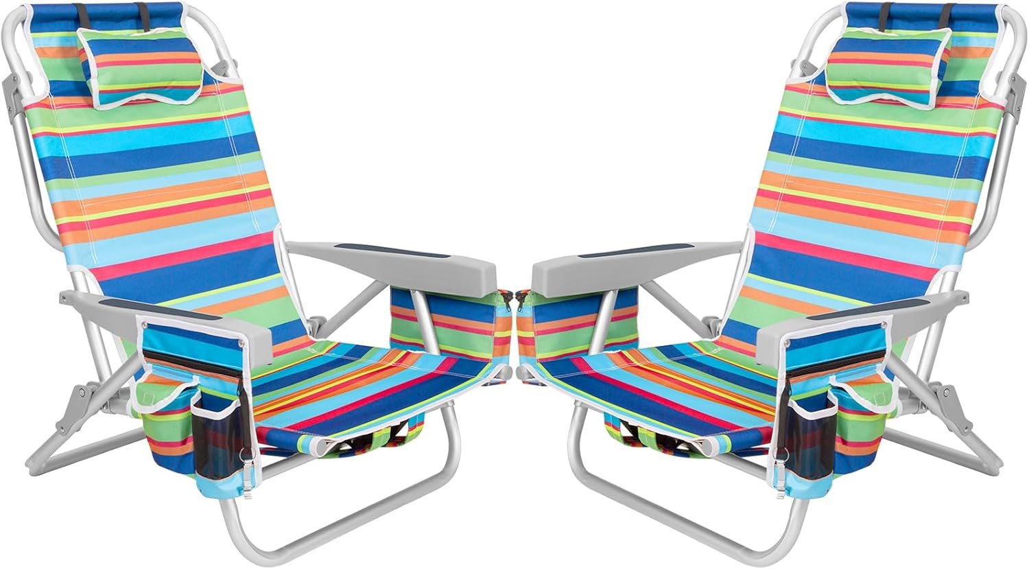 2Pk Aluminum Extra Wide 5-Position Lay Flat Folding Backpack Beach Chairs for Adults, with Cooler Bag, Cup&Phone Holder, Towel Bar for Outdoor Lawn Picnic Sport, Portable Camping Chairs, Multi Stripes