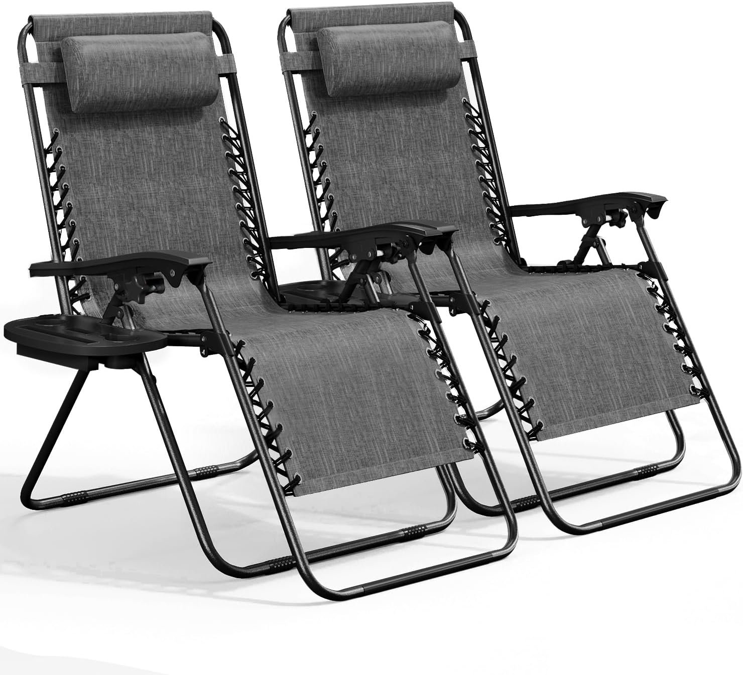 Nestl Zero Gravity Chairs Set of 2, Patio Lounge Chair Outdoor with Pillows & Cup Holder Trays, Adjustable Steel Mesh Reclining Camping Chair, Folding Patio Lawn Chair for Deck, Beach, Yard – Grey