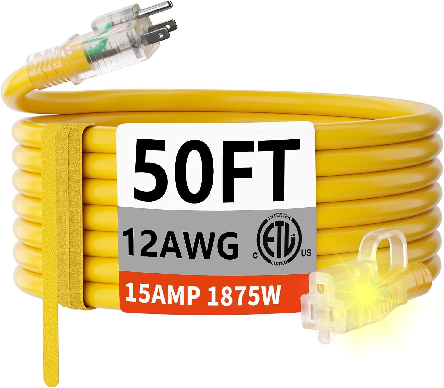 HUANCHAIN 50 FT 12/3 Gauge Heavy Duty Outdoor Extension Cord Waterproof with Lighted end, Flexible Cold-Resistant 3 Prong Electric Cord Outside, 15Amp 1875W 12AWG SJTW, Yellow, ETL