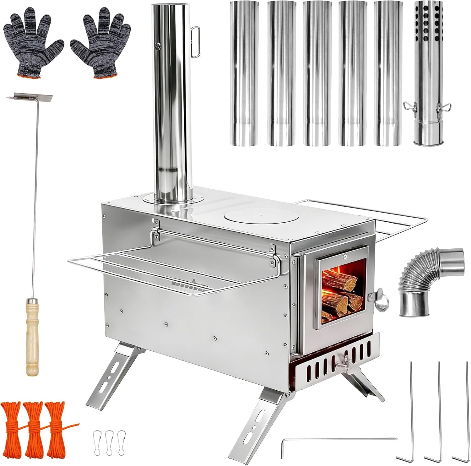 unho Stainless Hot Tent Stove 15in Wood Burning Stove with 6 Chimney Pipes for Outdoor tent heater for camping Prevent rusting