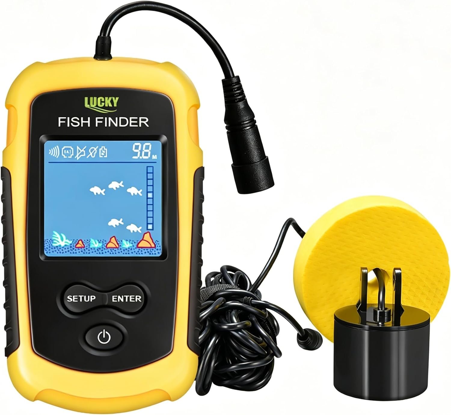 LUCKY Kayak Portable Fish Depth Finder Water Handheld Fish Finder Sonar Castable Kayak Boat Fishfinder Transducer Fishing LCD Display FFC1108