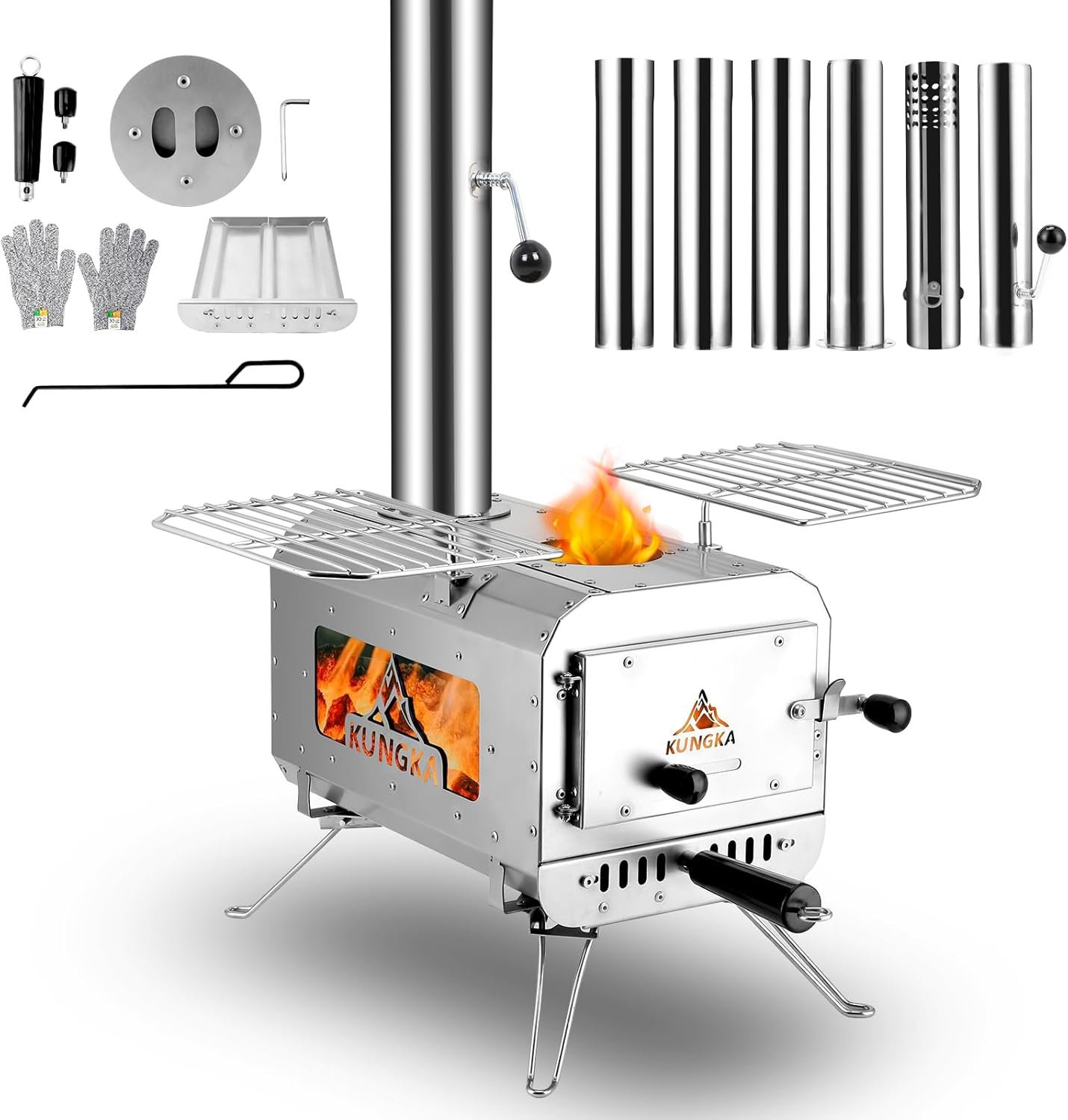 Tent Stove, 7.3ft height Portable Wood Burning Stove, Small Stainless Steel Hot Tent Stove with 6 Chimney Pipes for Outdoor Heating, Cooking, Hunting & Ice Fishing