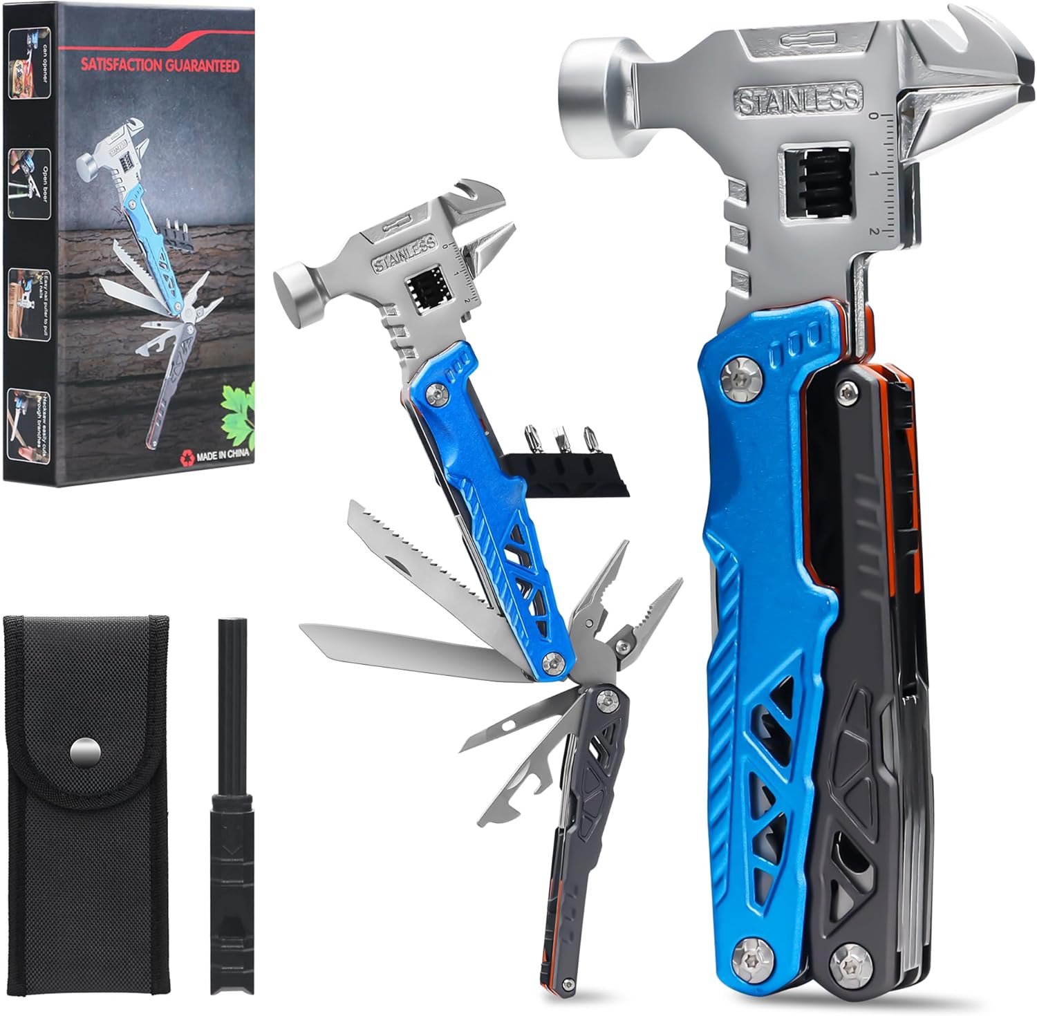 18-in-1 Multipurpose Tool Kit, Survival Camping Gear & Fishing Gifts for Dad – Multitool with Hammer, Pliers, Screwdriver and Pocket Knife for Men