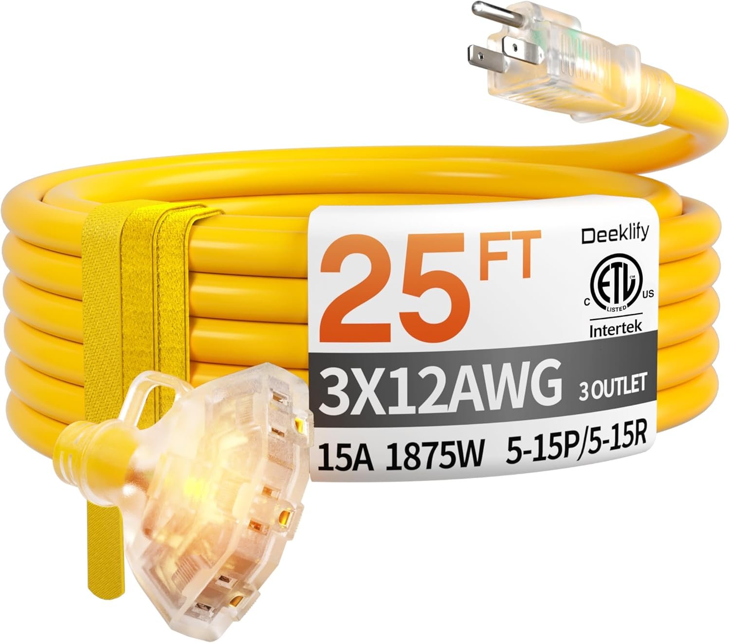 25 ft 12 Gauge Heavy Duty 3 Outlet Extension Cord Splitter with Indicator, Waterproof Outdoor Extension Cord with Multiple Outlets, 15A 1875W for Garden, ETL Listed, Flexible Yellow SJTW