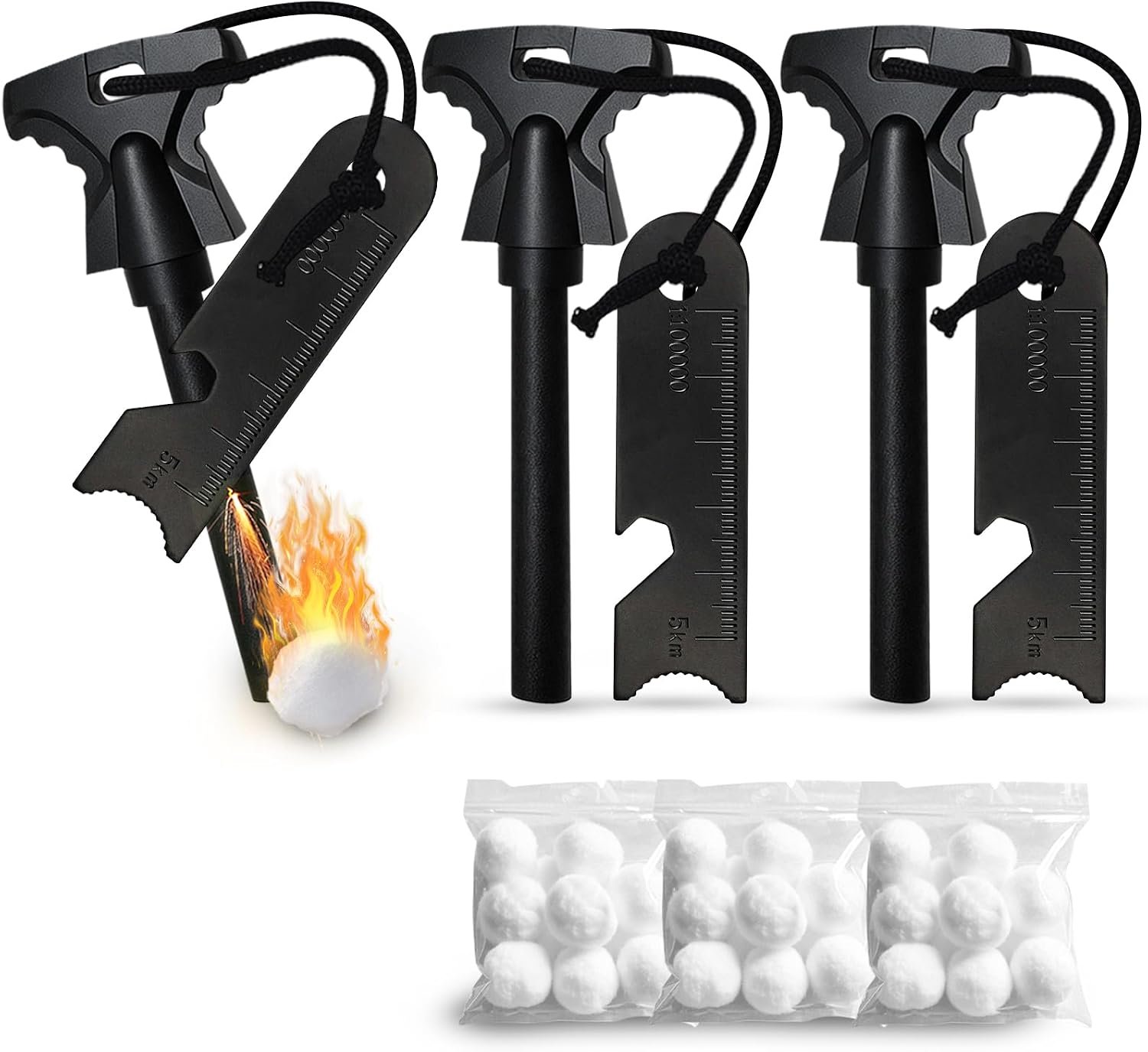 3PCS Magnesium Fire Starter with Striker, High Temp Magnesium Rod, Ferro Rod Fire Starter Survival Tool with 30Pack Waterproof Tinder and Steel Fire Striker for Camping, Hiking and Emergency