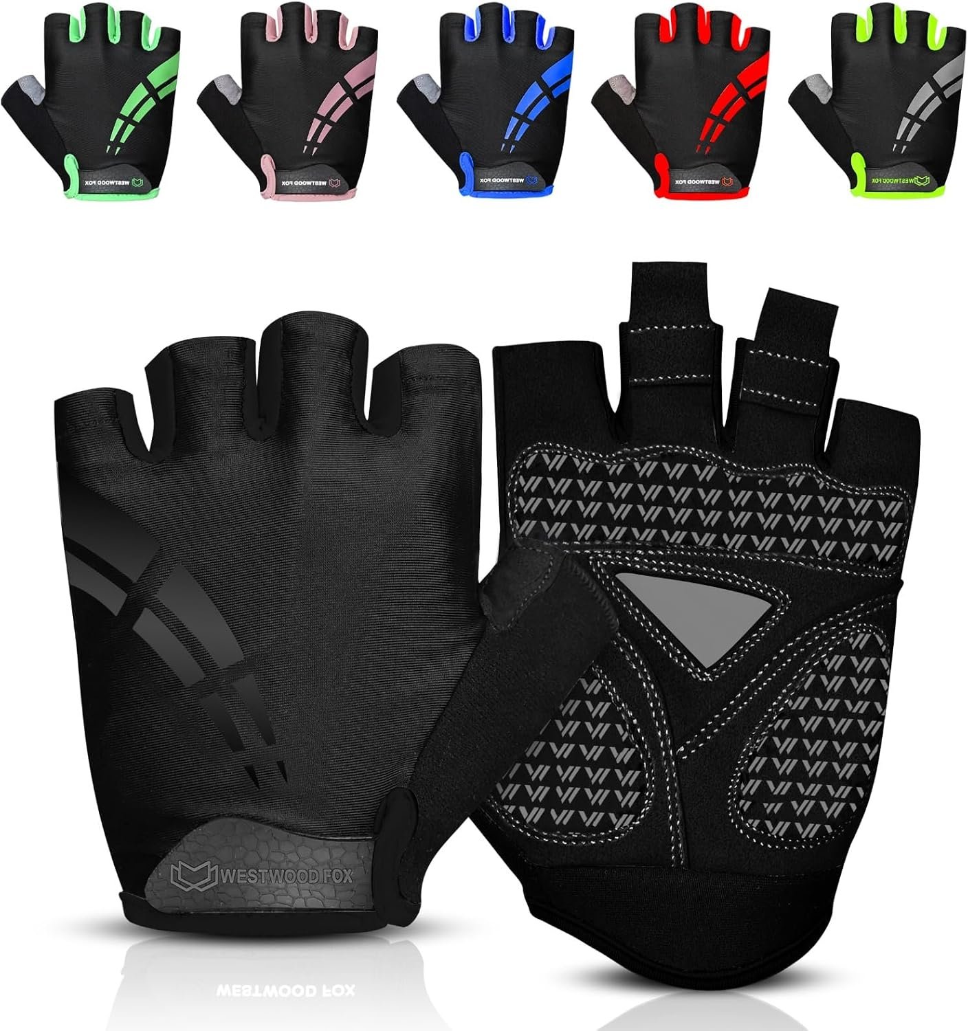 WESTWOOD FOX Cycling Gloves for Men Women,Half Finger Unisex Gel Padded Anti-Slip Mountain Bike Gloves, Breathable Shock Absorption Grip Palm Bicycle Summer Riding MTB Bike Gloves