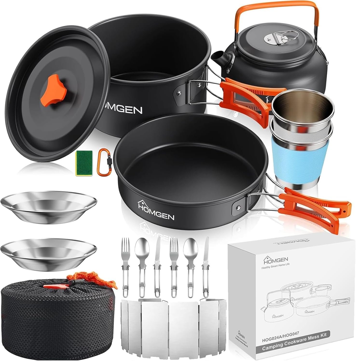 HOMGEN Portable Camping Cooking Set with Folding Windscreen-Lightweight Aluminum Camp Pots and Pan-800ml Teapot- 2 Cups & Plates- Complete Camping Mess Kit for Hiking Picnic Camping RV Trevel Trip