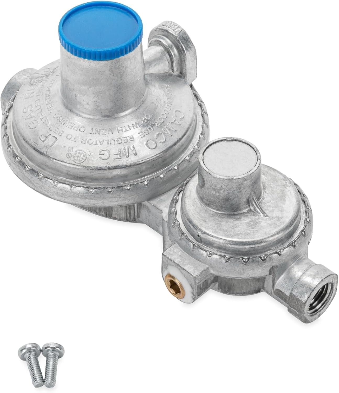 Camco Horizontal Two Stage Propane Regulator – Compatible with 20 lb or 30 lb Propane Tanks with ACME Threads – 1/4-inch Female NPT inlet and 3/8-inch Female NPT outlet (59323)