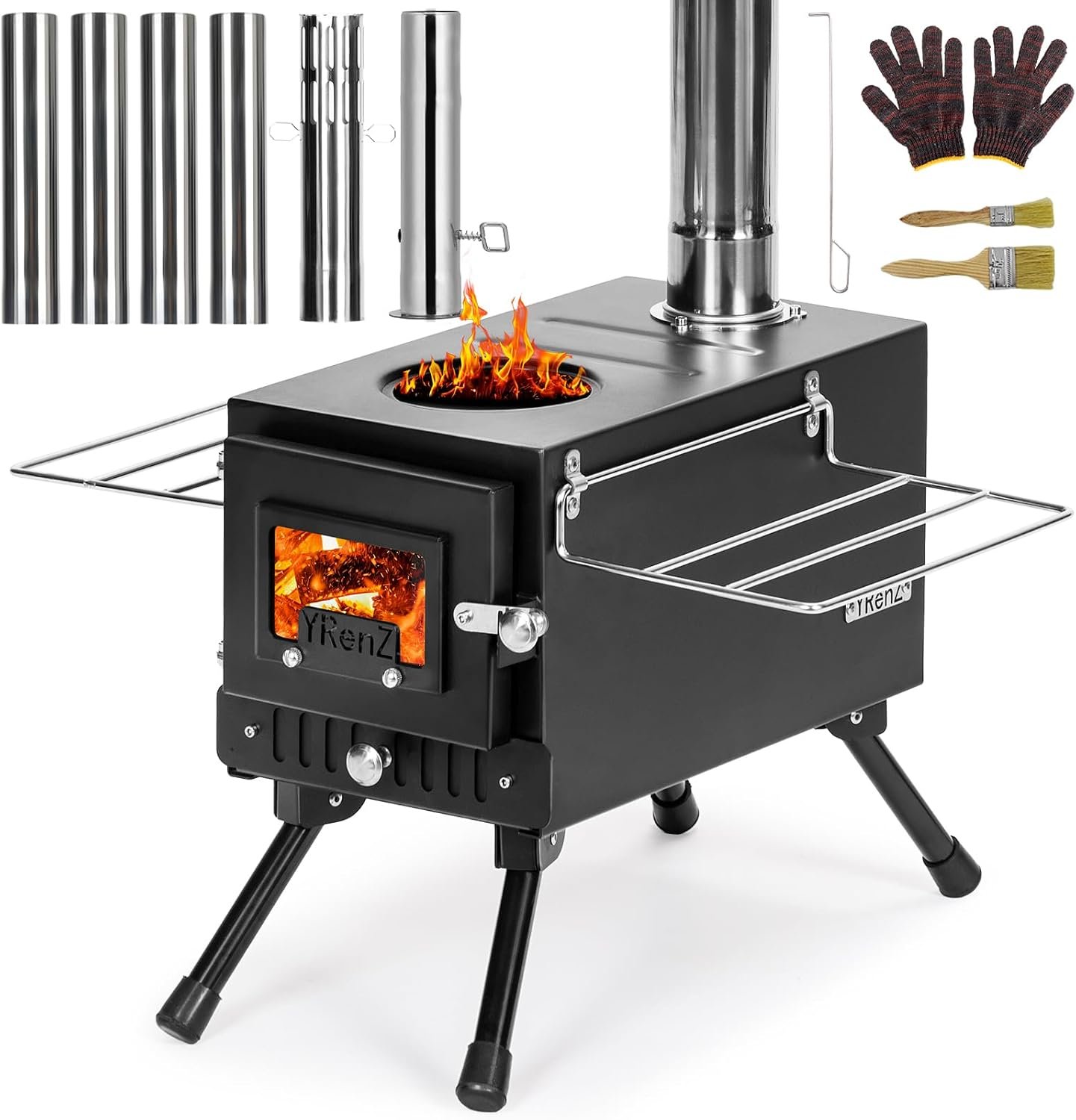 Upgraded Hot Tent Stove – High-Temperature Wood Burning with 7-Section Roll-Edge Chimney, Reinforced Door Frame, Airtight Body & Tempered Glass – Portable for Camping, Ice Fishing, Hunting