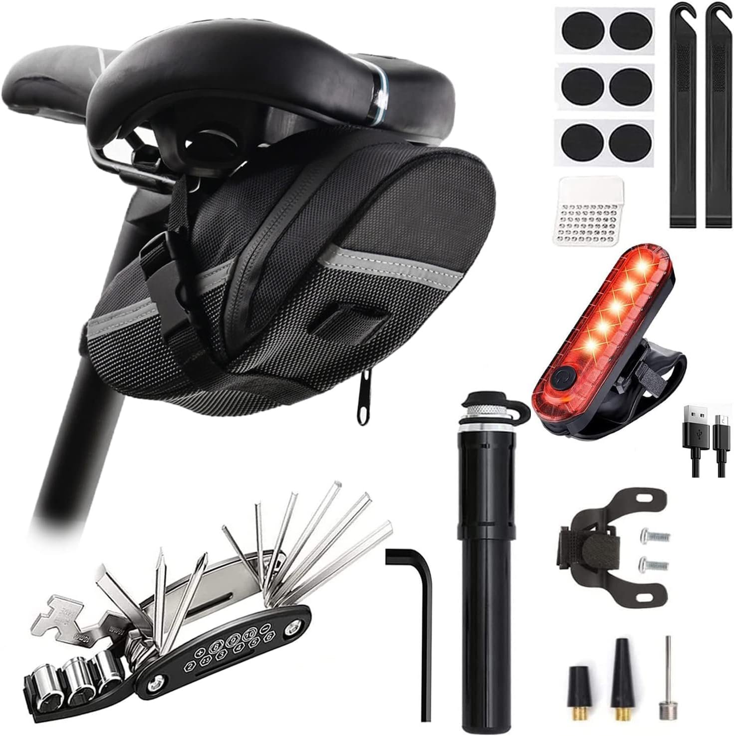 Bike Repair Tool Kit with Mini Bicycle Pump, Bicycle Saddle Bag with Tail Light, 16-in-1 Bike Multitool, Bicycle Tire Repair Kit for Road MTB E-Bikes, Large Capacity Bike Set Pack Bag