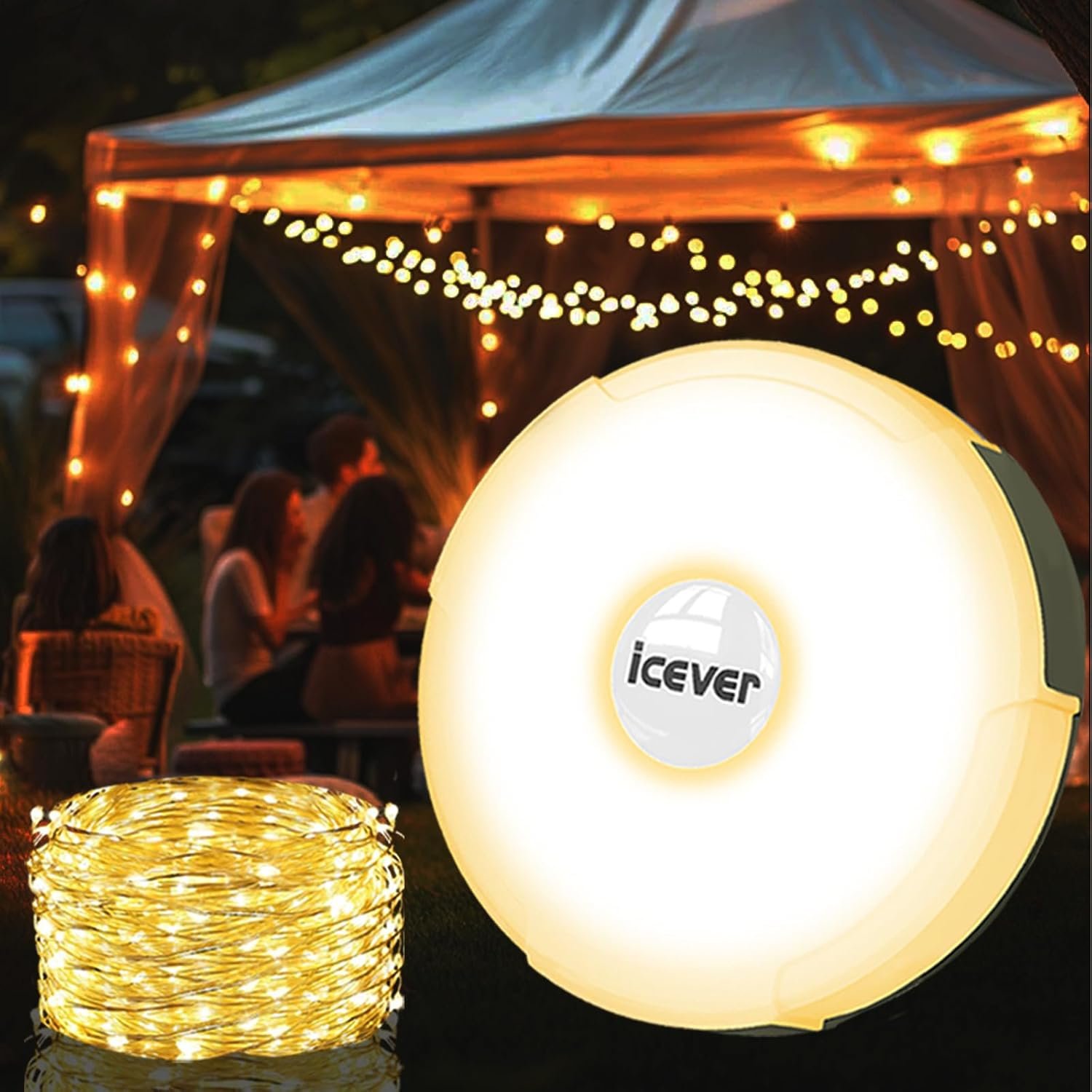 Camping String Lights, 32.8FT Rechargeable Waterproof Hanging Lamp Portable LED Light for Outdoor Camping Awning Tent Garden Party Yard Festival Decor (5 Lighting Modes)