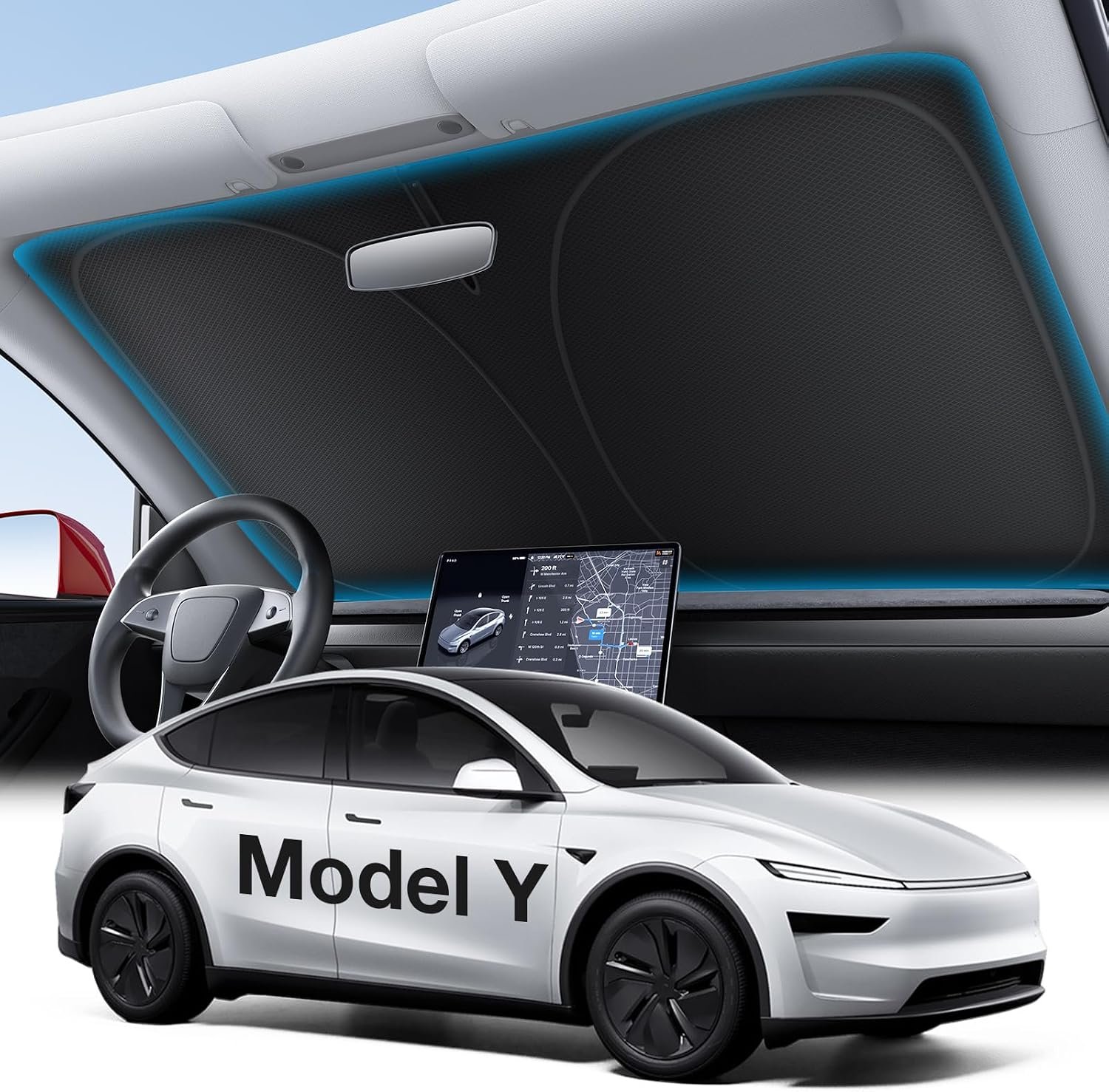Wigoo Tesla New Model Y Accessories Windshield Sunshade [OEM Design, 100% Sun Blockage] Foldable Heat Insulation Sunshade with Storage Bag, for Model Y 2020~2026 (Juniper), Silver Coating
