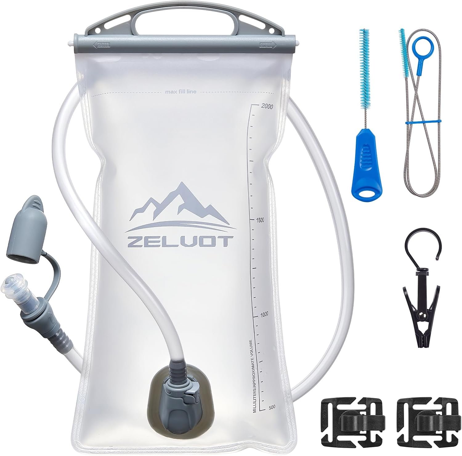 Zelvot 2L-3L Hydration Bladder Kit, 6 in 1 Water Bladder for Hiking Backpack, BPA Free Leakproof Water Storage Bladder with Cleaning Kit, Water Pouch Hydration Pack
