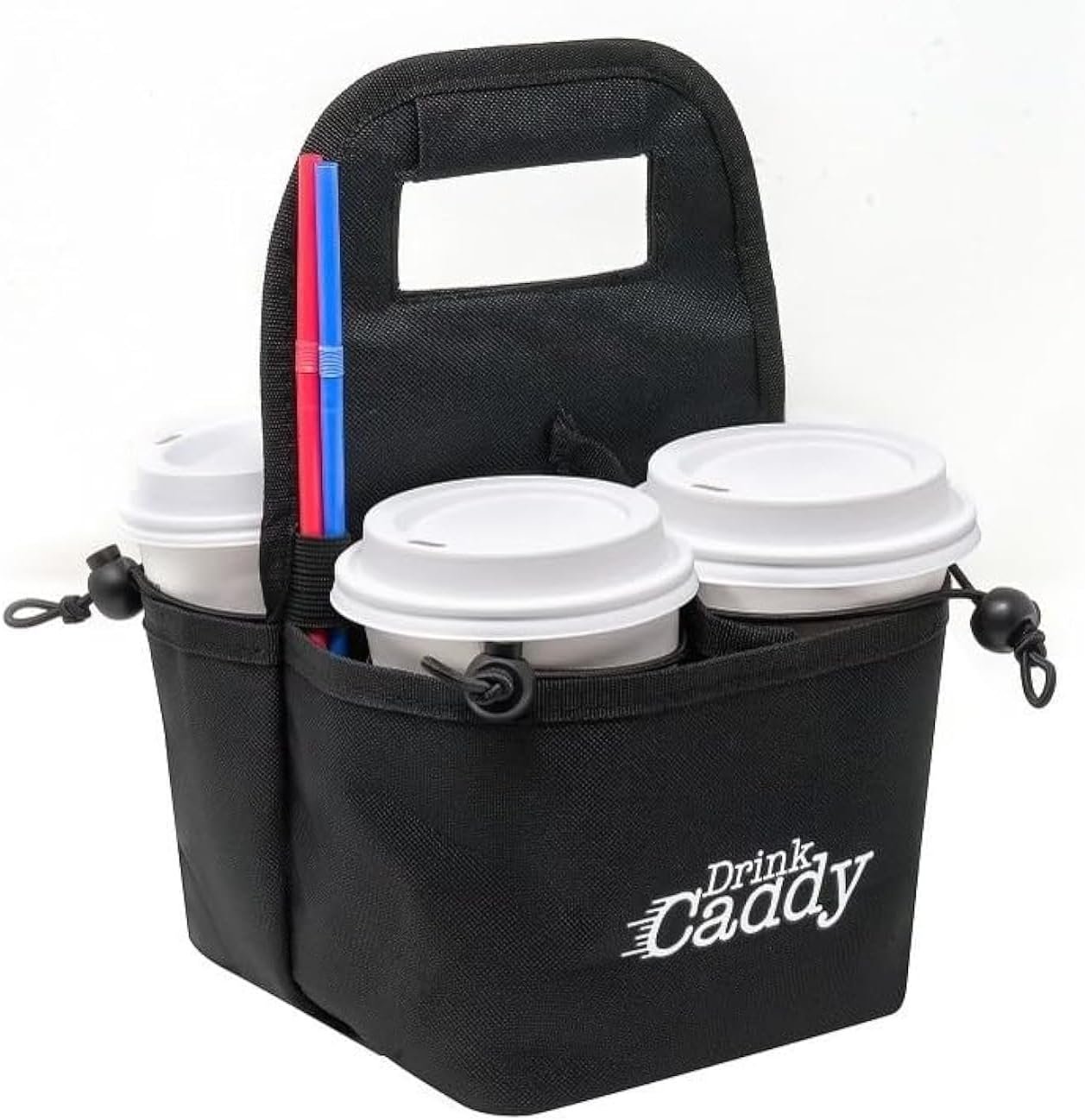 Drink Caddy Portable Drink Carrier and Reusable Coffee Cup Holder – 4 Cup Collapsible Tote Bag with Organizer Pockets Safely Secures Hot and Cold Beverages – Perfect for Food Delivery and Take Out