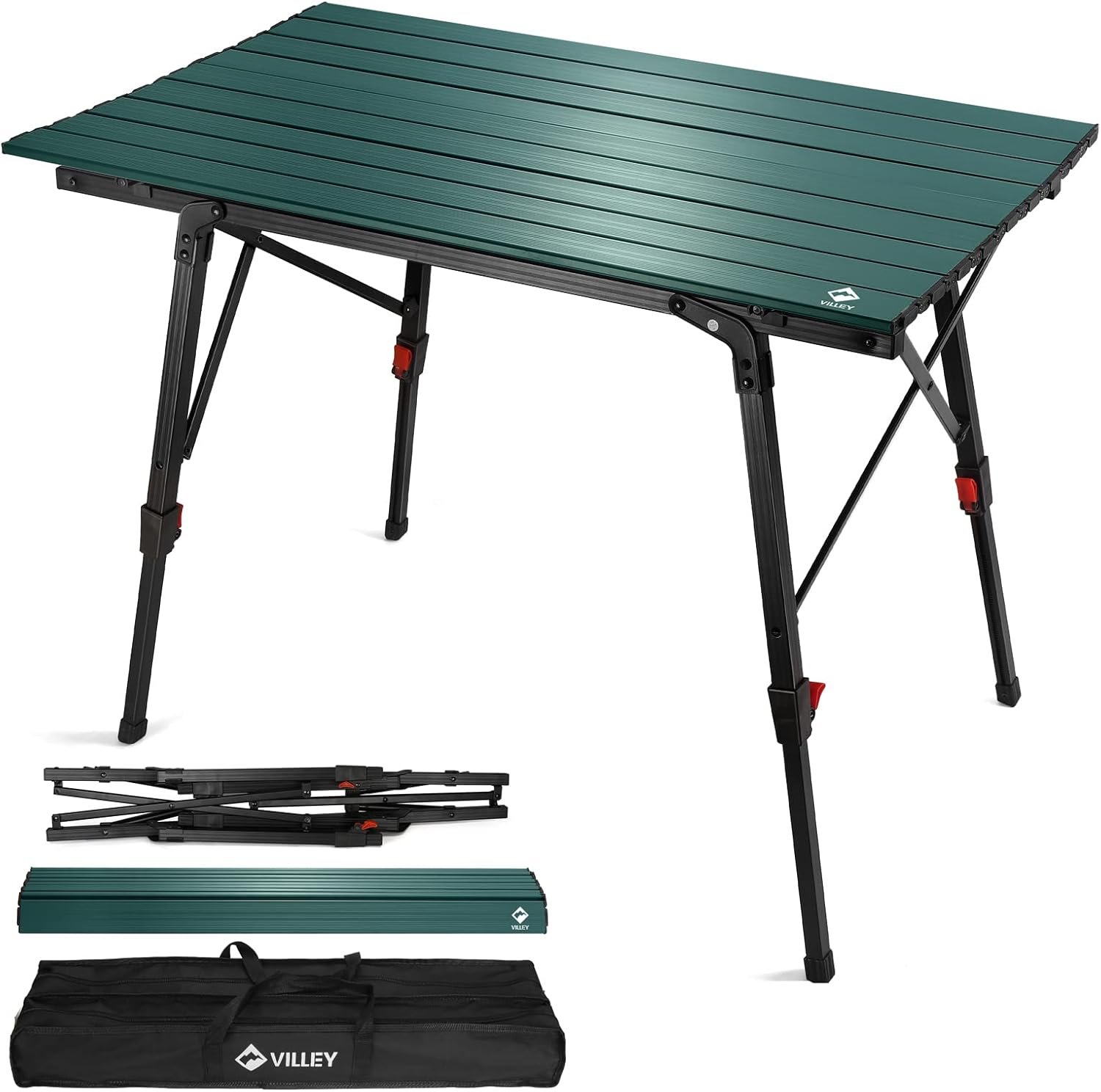 VILLEY Portable Camping Table with Adjustable Legs, Lightweight Aluminum Folding Beach Table with Carrying Bag for Outdoor Cooking, Picnic, Beach, Backyards, BBQ and Party – Green