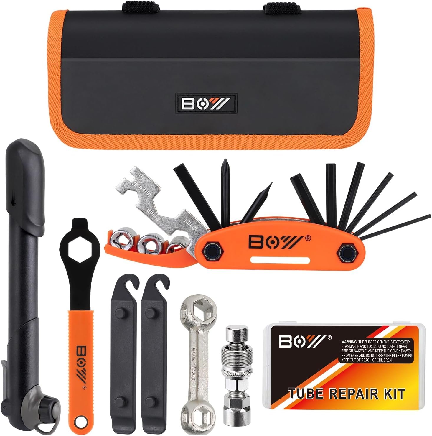 Bicycle Repair Bag With Tire Pump, Portable Tool Kit for Camping Travel – Bike Glueless Patches, Maintenance Essentials All in One Safety Kit