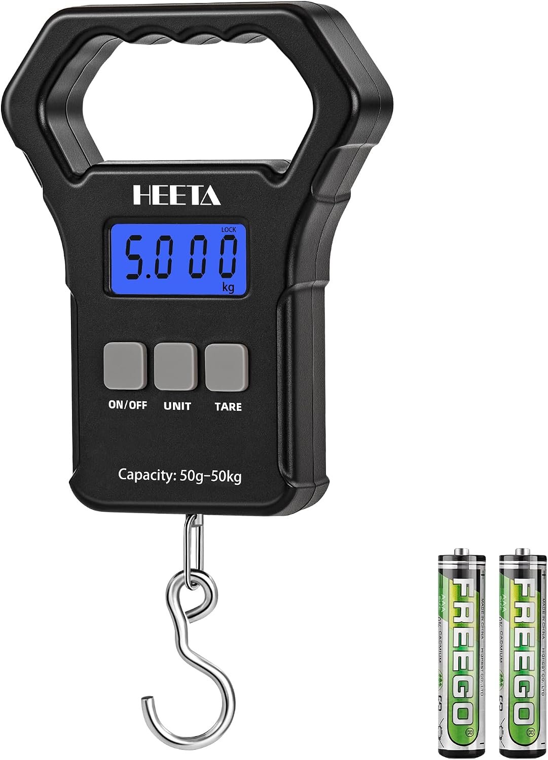 HEETA Fish Scale, 110lb/50kg Digital Portable Hanging Fishing Weight Scale with Backlit LCD Display, Luggage Scale with Hook, Non-Slip Large ABS Handle & 2 AAA Batteries, Fishing Gifts Gear for Men