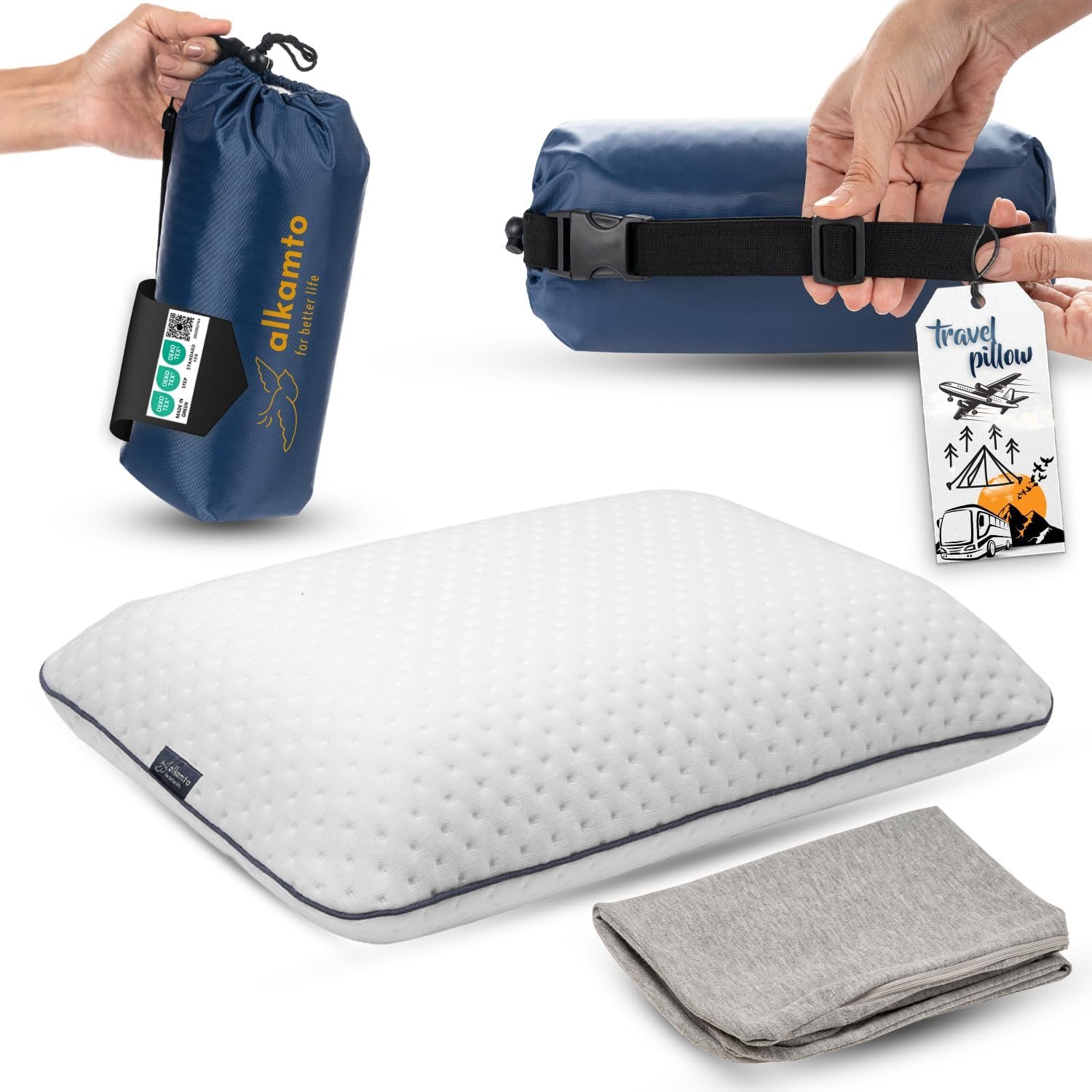 alkamto Travel & Camping Comfortable Memory Foam Pillow – Easy to Carry Portable Bag – Temperature Regulating Pillow Case