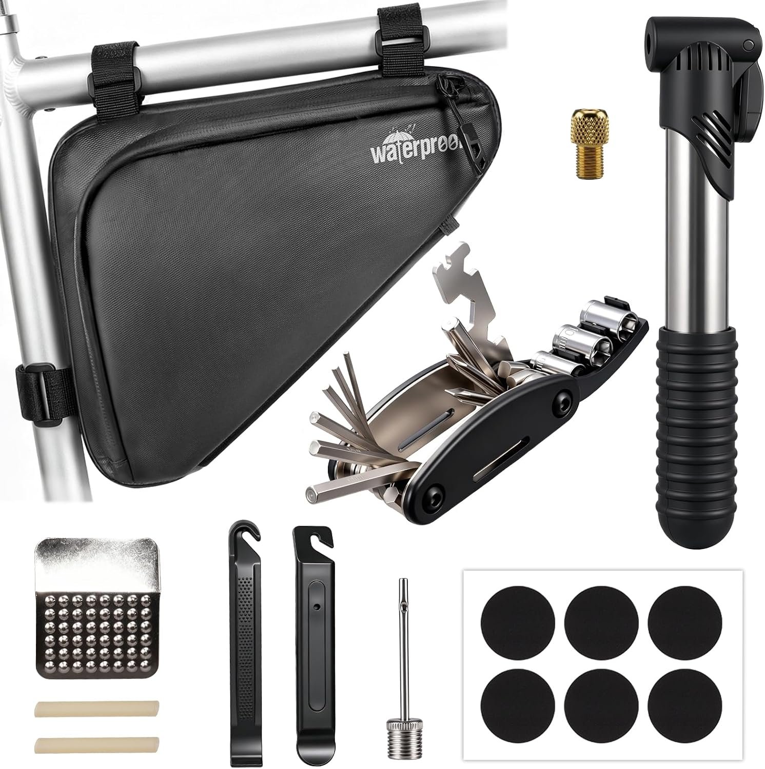 NDakter Bike Frame Bag with Repair Kit, Bicycle Tire Repair Tool Kit Set with Pump & 16-in-1 Multitool, Emergency Bike Pack Accessories for Road MTB BMX