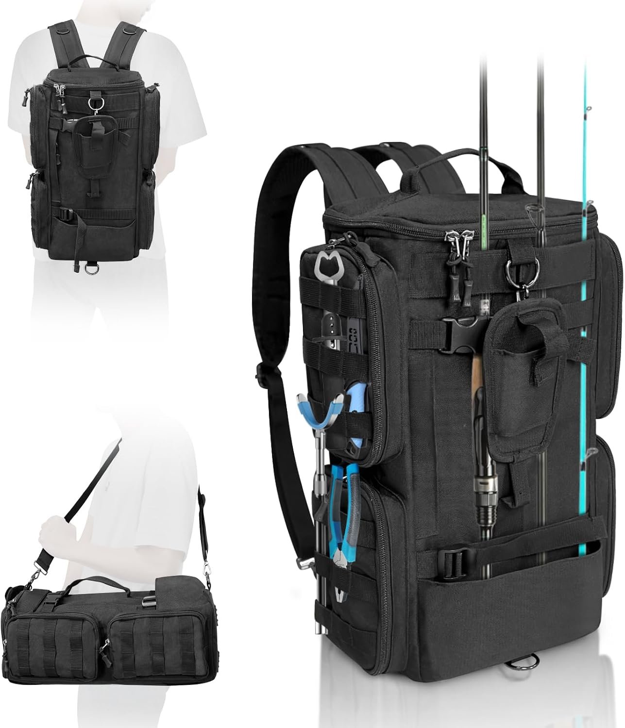 LIWSHWZ Fishing Tackle Backpack with Rod Holders,20L Lightweight Fishing Bag Storage Tackle Box Backpack for 3600 or 3700 Trays,Water Resistant Tackle Bag with Four Pockets (8.66” x 5.90” x17.52”)
