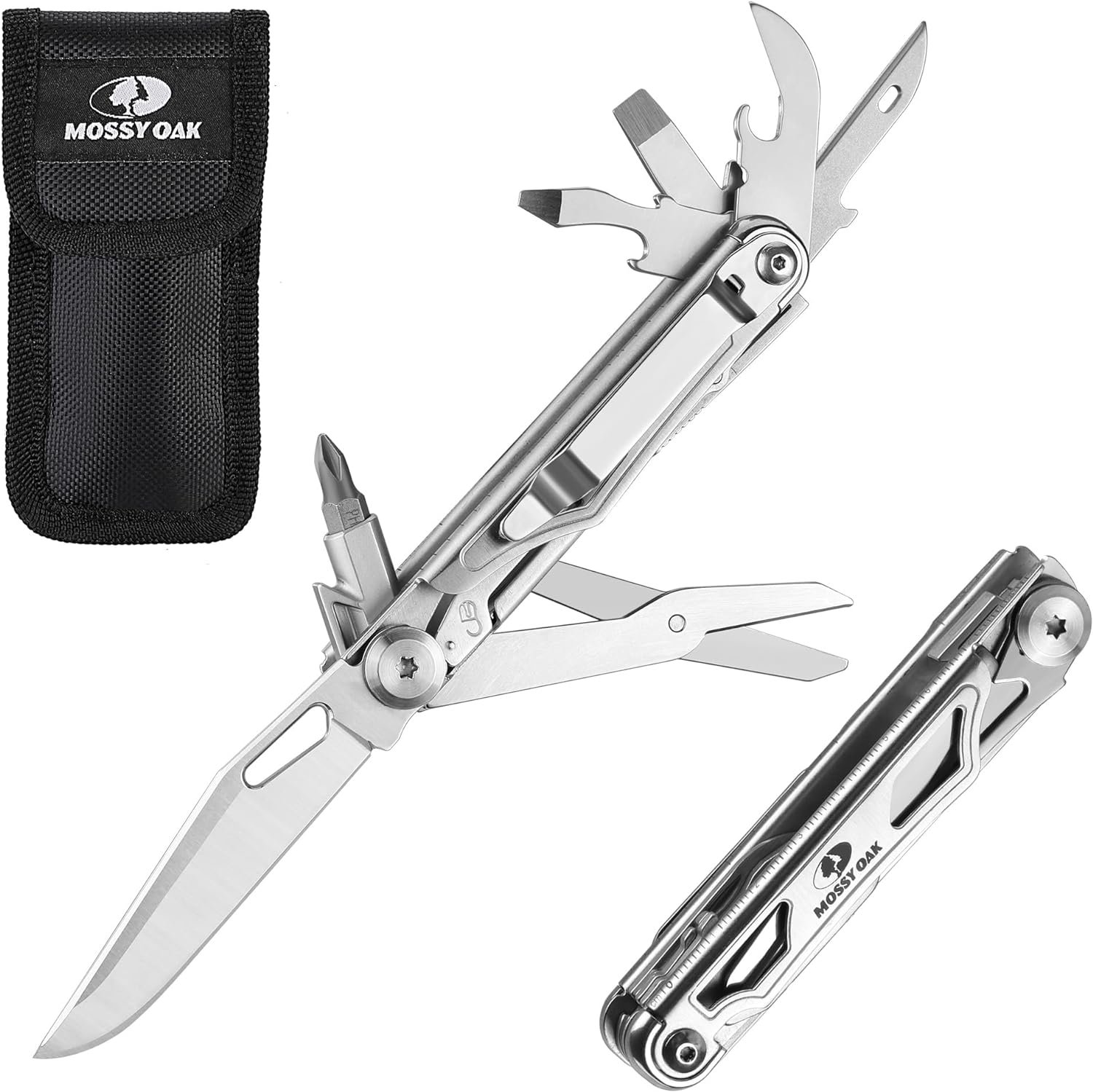 Mossy Oak 12-in-1 Multitool Pocket Knife with Pouch & Clip | Stainless Steel Multitool Knife, Survival Tools with Scissors, Bottle Opener, Wire Stripper, Glass Breaker, Screwdriver