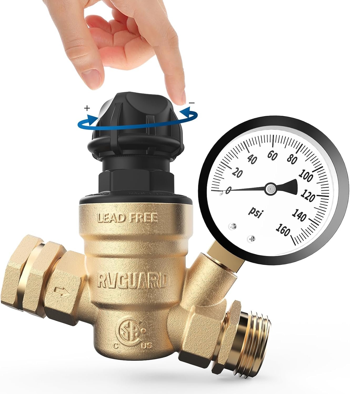 RVGUARD RV Water Pressure Regulator Valve With An Adjustable Knob, Tool-Free, CSA Approved, Lead-Free Brass Water Pressure Reducer with Gauge and Inlet Screen Filter for RV Camper Travel Trailer
