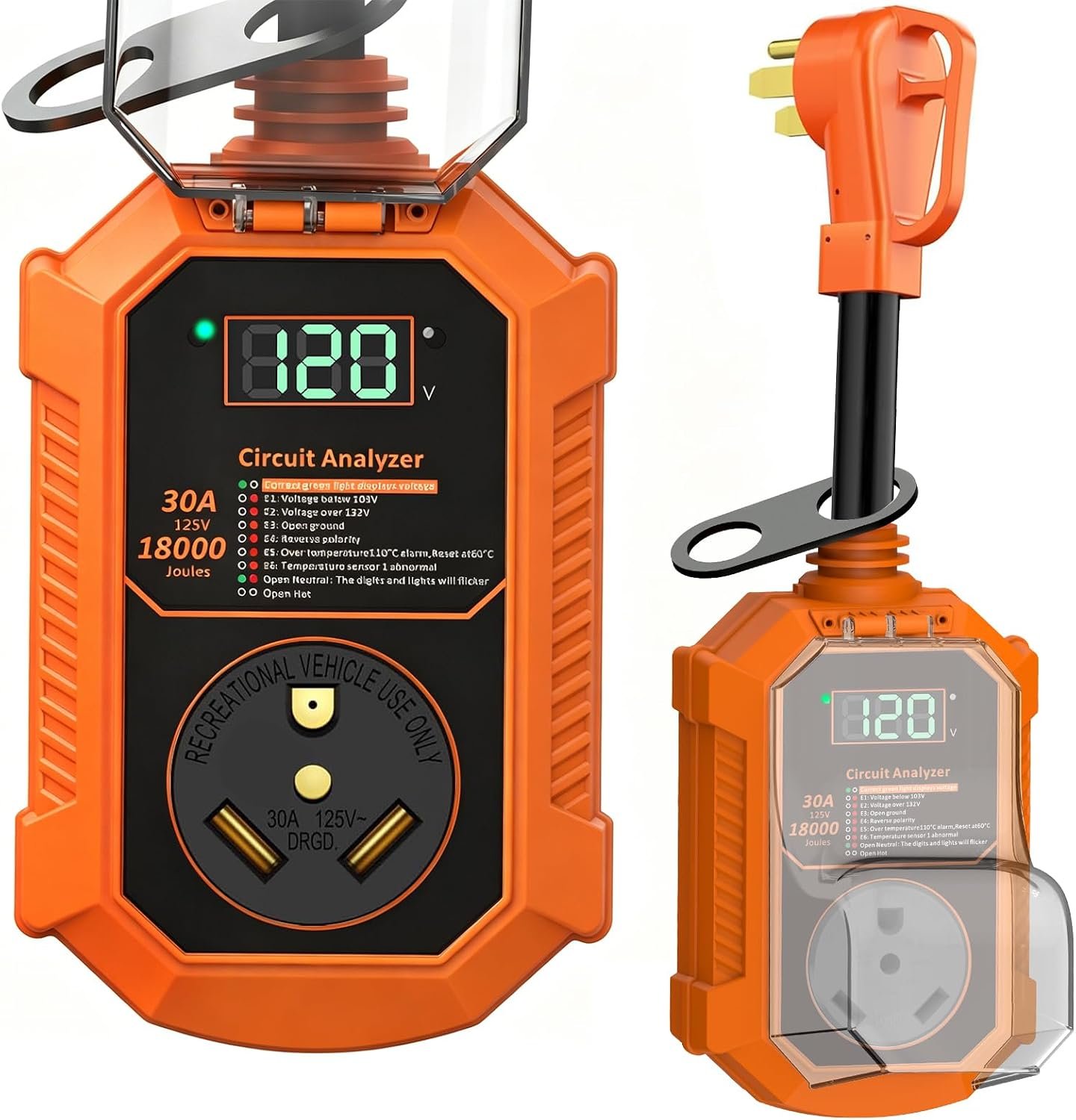 30 Amp RV Surge Protector, 𝟐𝟎𝟐𝟔 𝐍𝐄𝐖 18000J RV Circuit Analyzer with Real-Time LED Display, Voltage Monitoring IP68 RV Adapter Plug with Waterproof Cover for Camper Travel Trailer