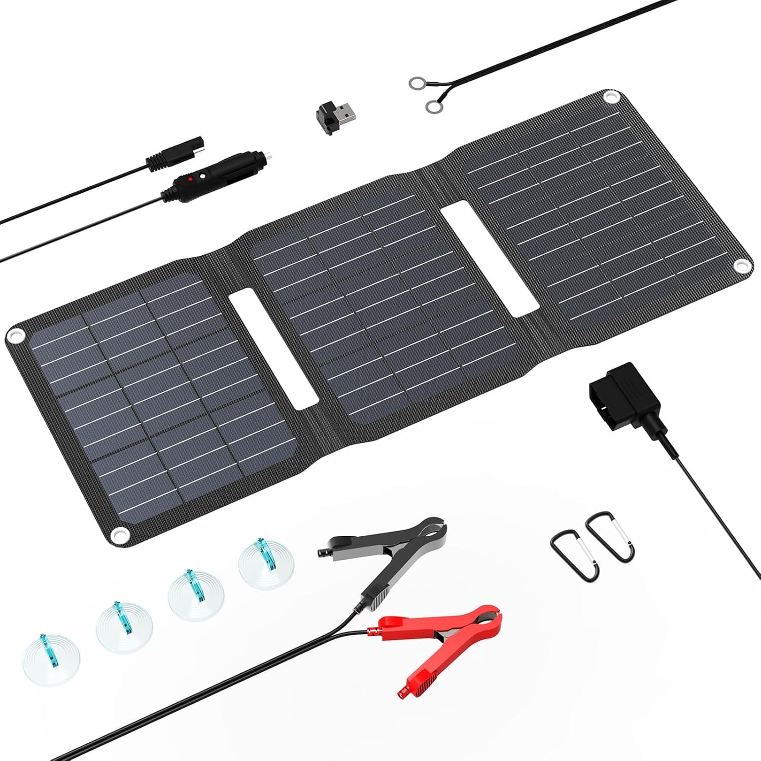 FlexSolar 15W Foldable Solar Panel Trickle Charger Maintainer Kits – 12V DC & USB Output with Built-in Controller Includes Cigarette Lighter, Alligator Clips, O-Rings,OBDII Connector for Car, Truck