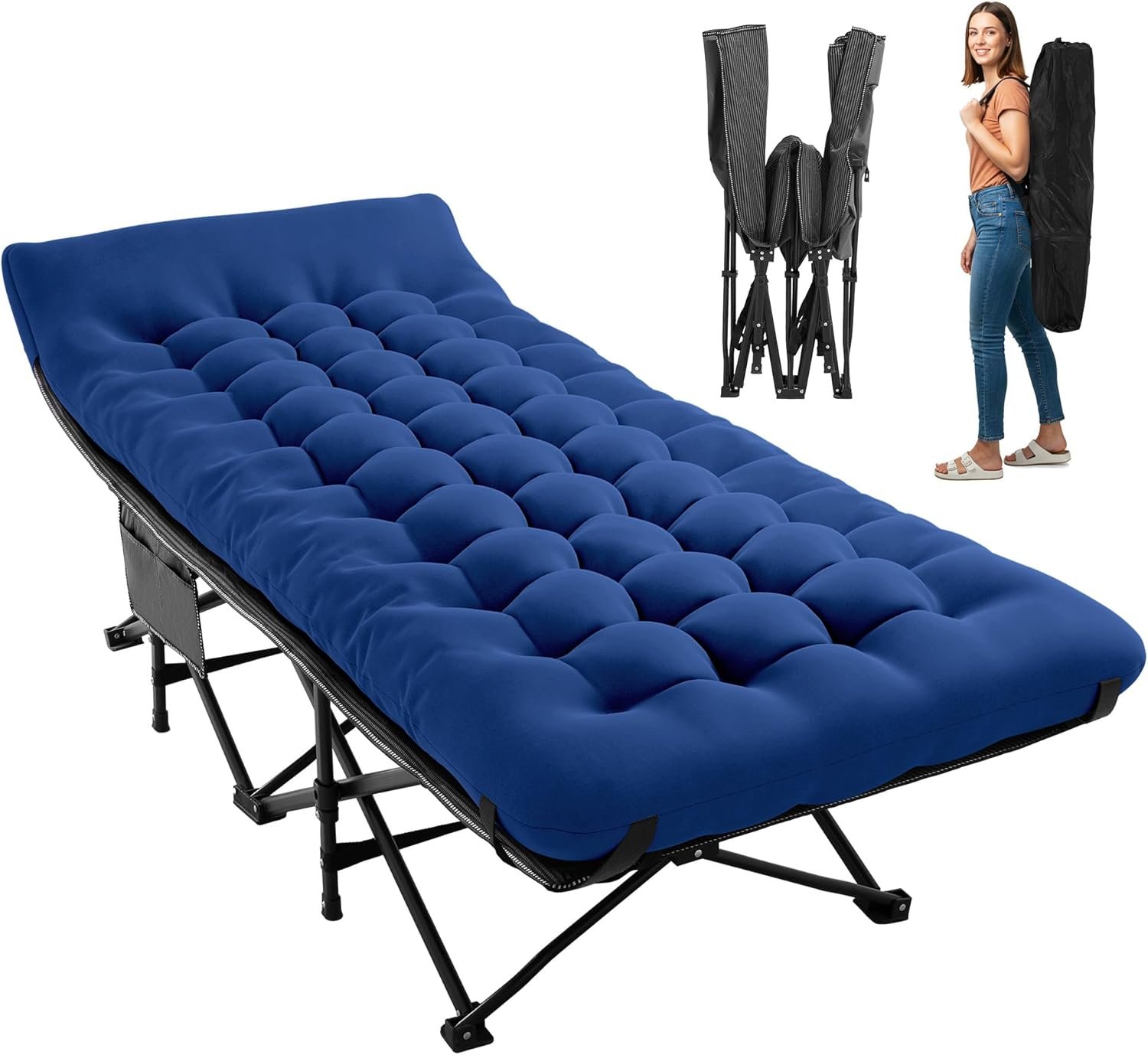 JEAREY Camping Cot for Sleeping 28″ Extra Wide, Heavy-Duty 1200D Oxford Foliding Cots for Adults Portable with Mattress, Carry Bag for Guest, Travel, Hiking, Navy