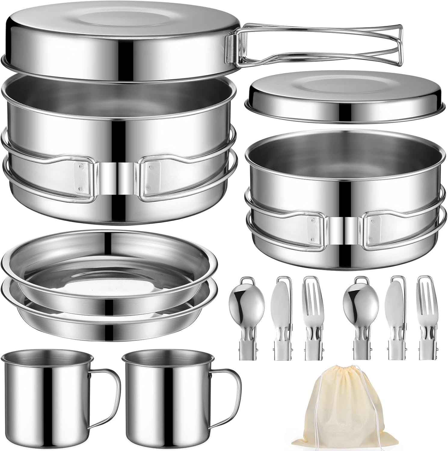 Funnymoom 14 Piece Camp Cooking Set, Stainless Steel Camping Cookware with Pot and Pan Kit 2 Set Stainless Steel Cups Plates Forks Knives Spoons for Camping, Backpacking, Outdoor Cooking and Picnic